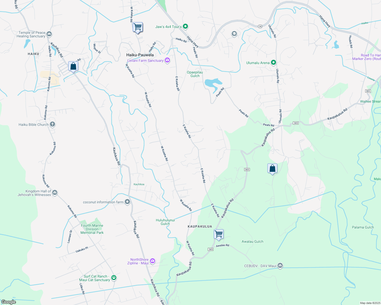 map of restaurants, bars, coffee shops, grocery stores, and more near 734 East Kuiaha Road in Haiku-Pauwela