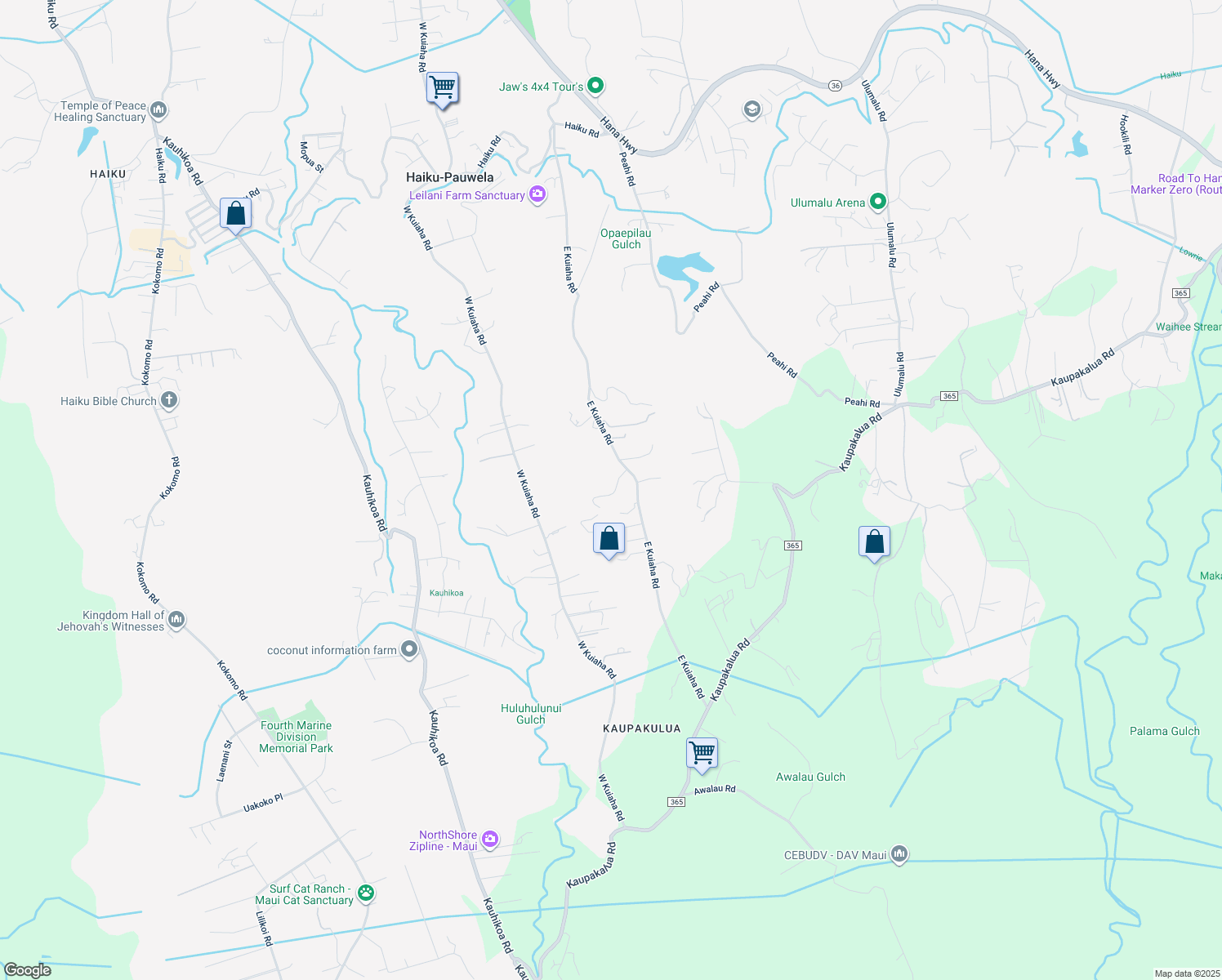 map of restaurants, bars, coffee shops, grocery stores, and more near 734 East Kuiaha Road in Haiku-Pauwela