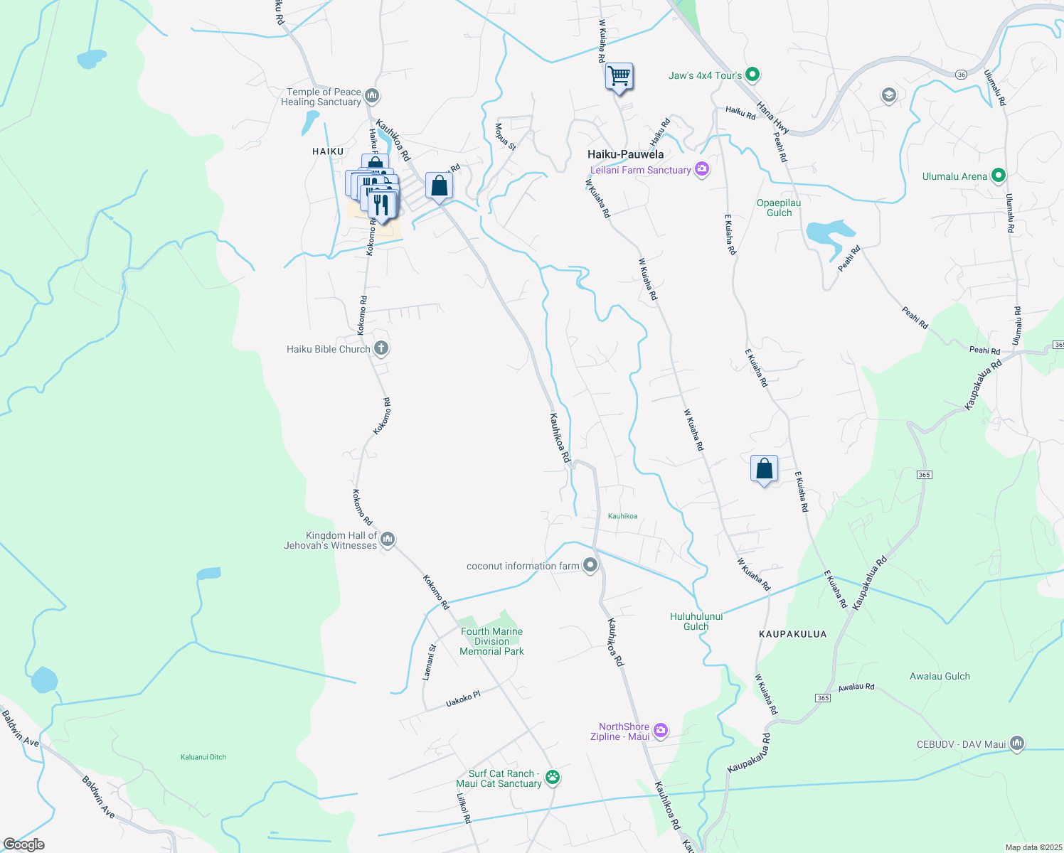map of restaurants, bars, coffee shops, grocery stores, and more near 1330 Kauhikoa Road in Haiku-Pauwela