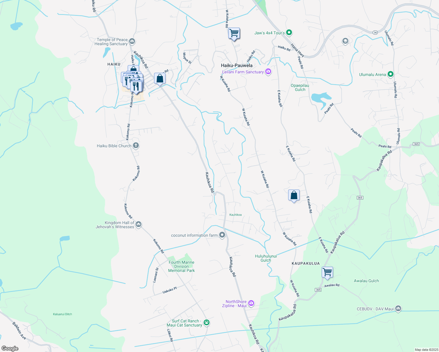 map of restaurants, bars, coffee shops, grocery stores, and more near 1220 Hooilina Place in Haiku-Pauwela
