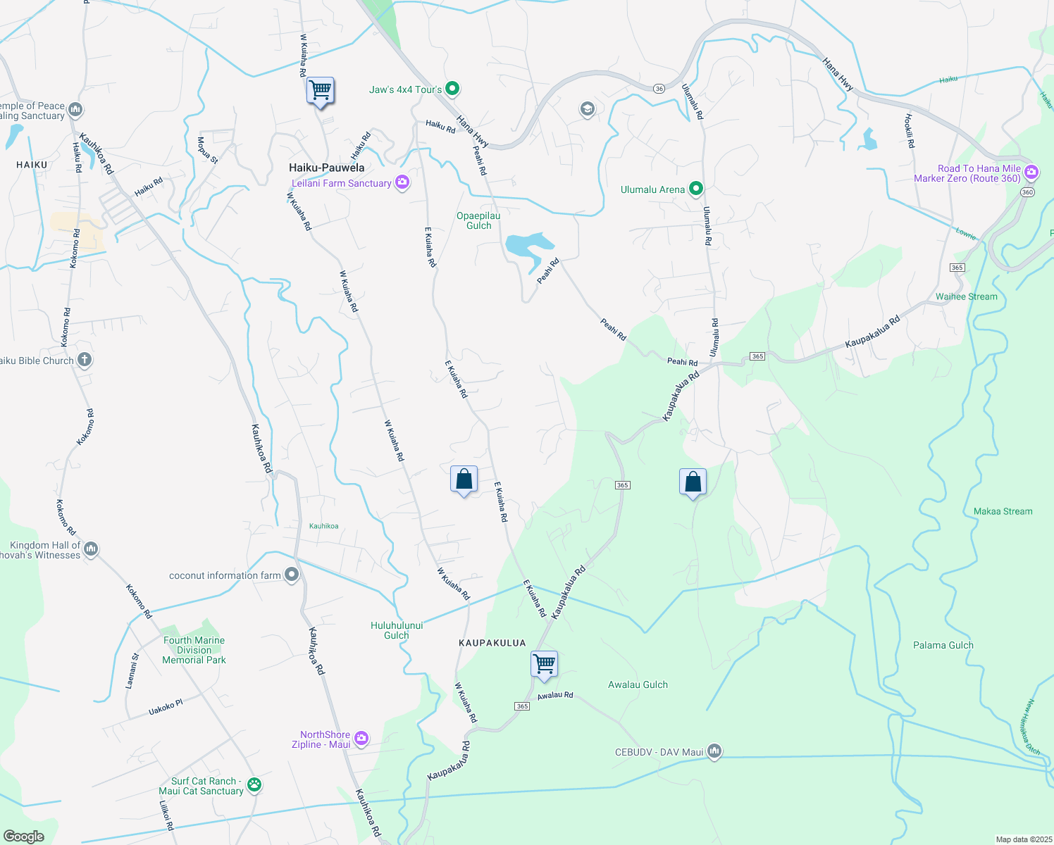 map of restaurants, bars, coffee shops, grocery stores, and more near 55 Lepo Place in Haiku-Pauwela