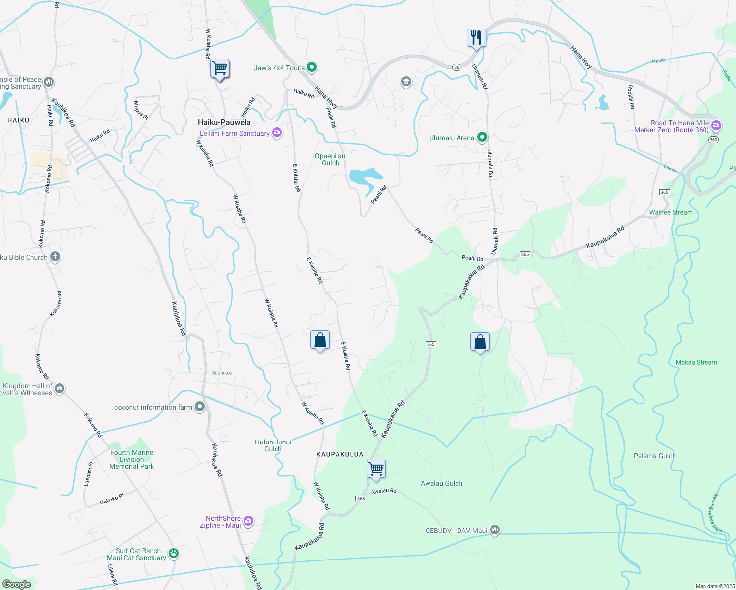 map of restaurants, bars, coffee shops, grocery stores, and more near 55 Lepo Place in Haiku-Pauwela
