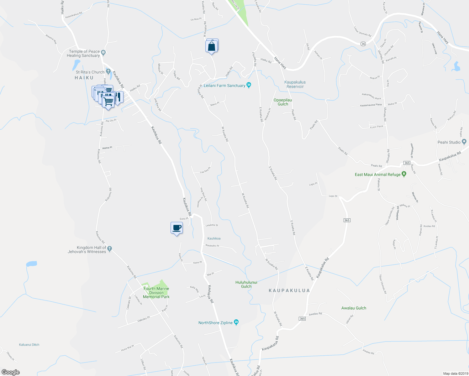 map of restaurants, bars, coffee shops, grocery stores, and more near 1220 West Kuiaha Road in Haiku-Pauwela