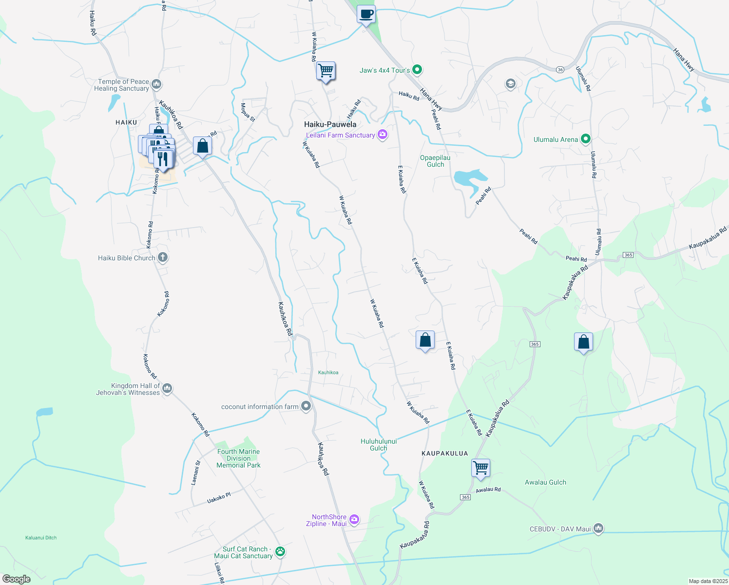 map of restaurants, bars, coffee shops, grocery stores, and more near 1220 West Kuiaha Road in Haiku-Pauwela