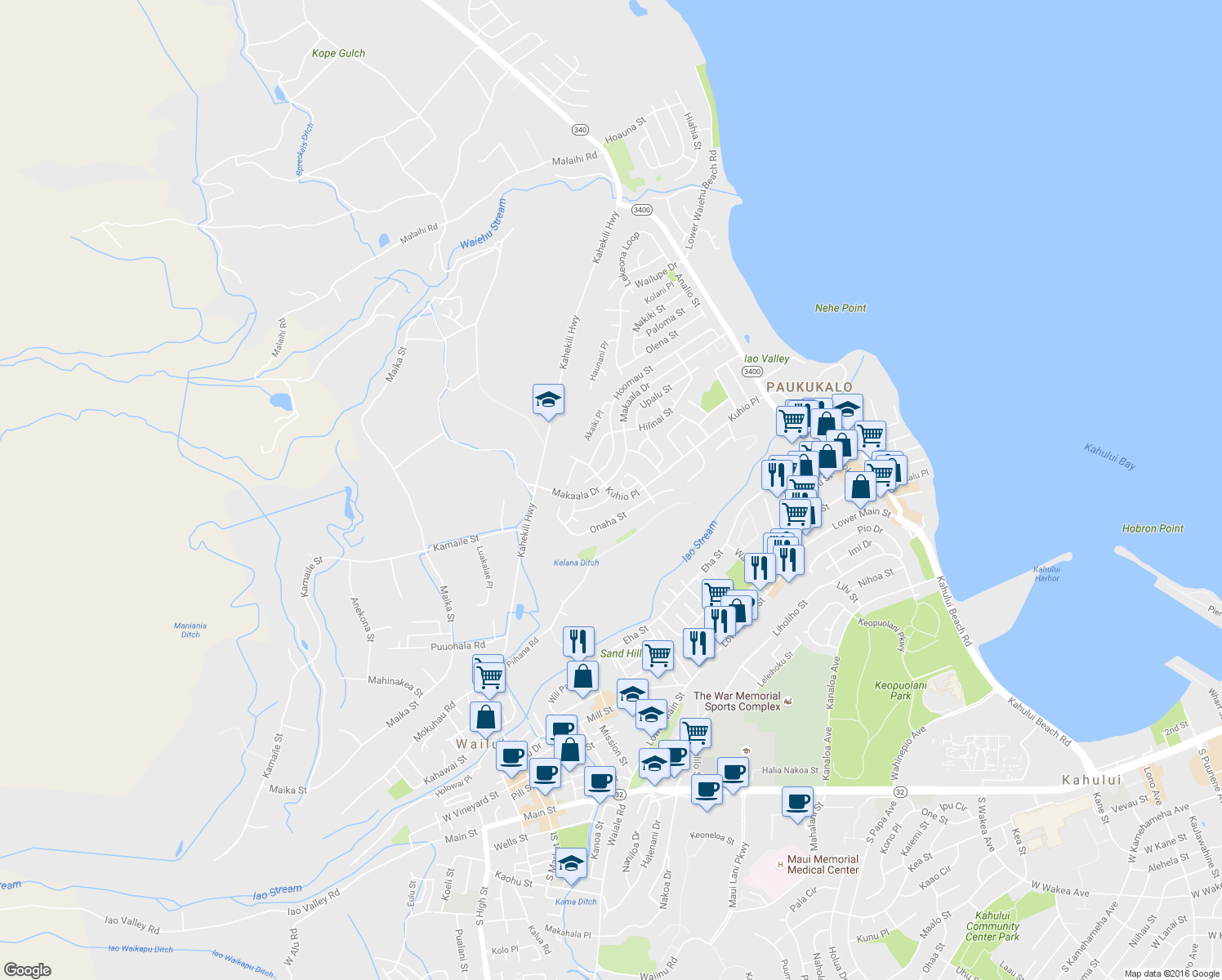 map of restaurants, bars, coffee shops, grocery stores, and more near 1042 Kuhio Place in Wailuku