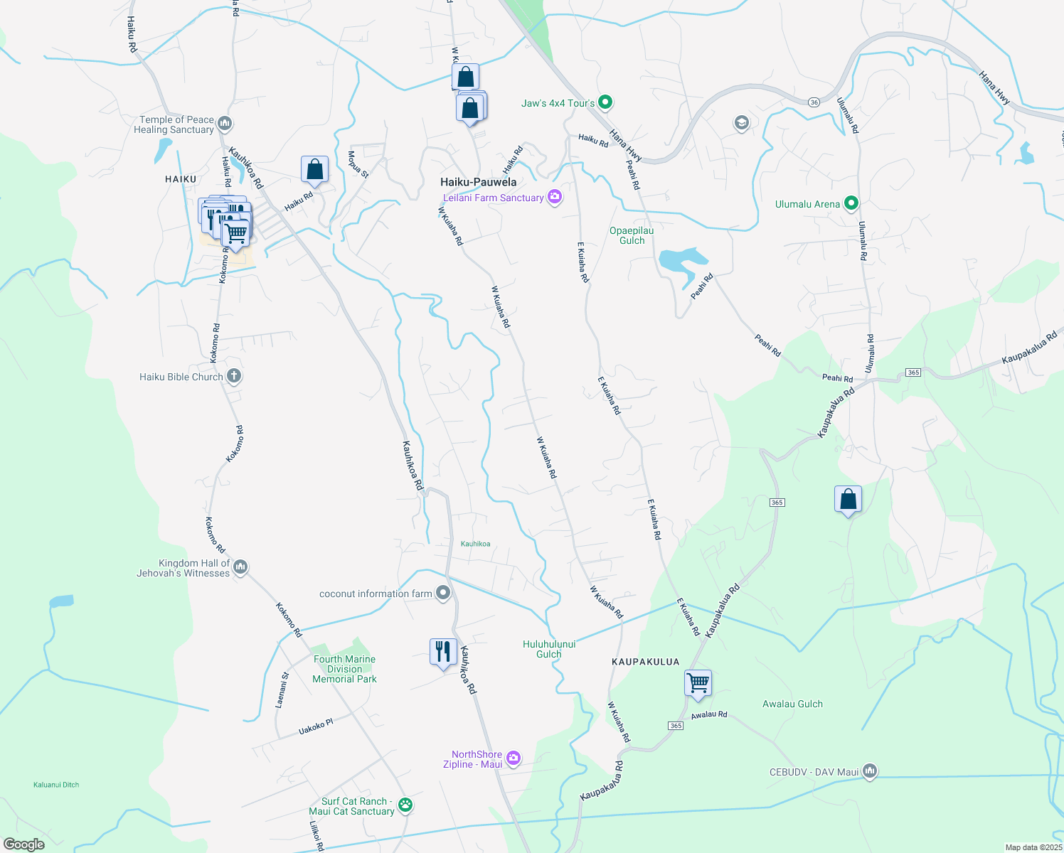 map of restaurants, bars, coffee shops, grocery stores, and more near 1220 West Kuiaha Road in Haiku-Pauwela