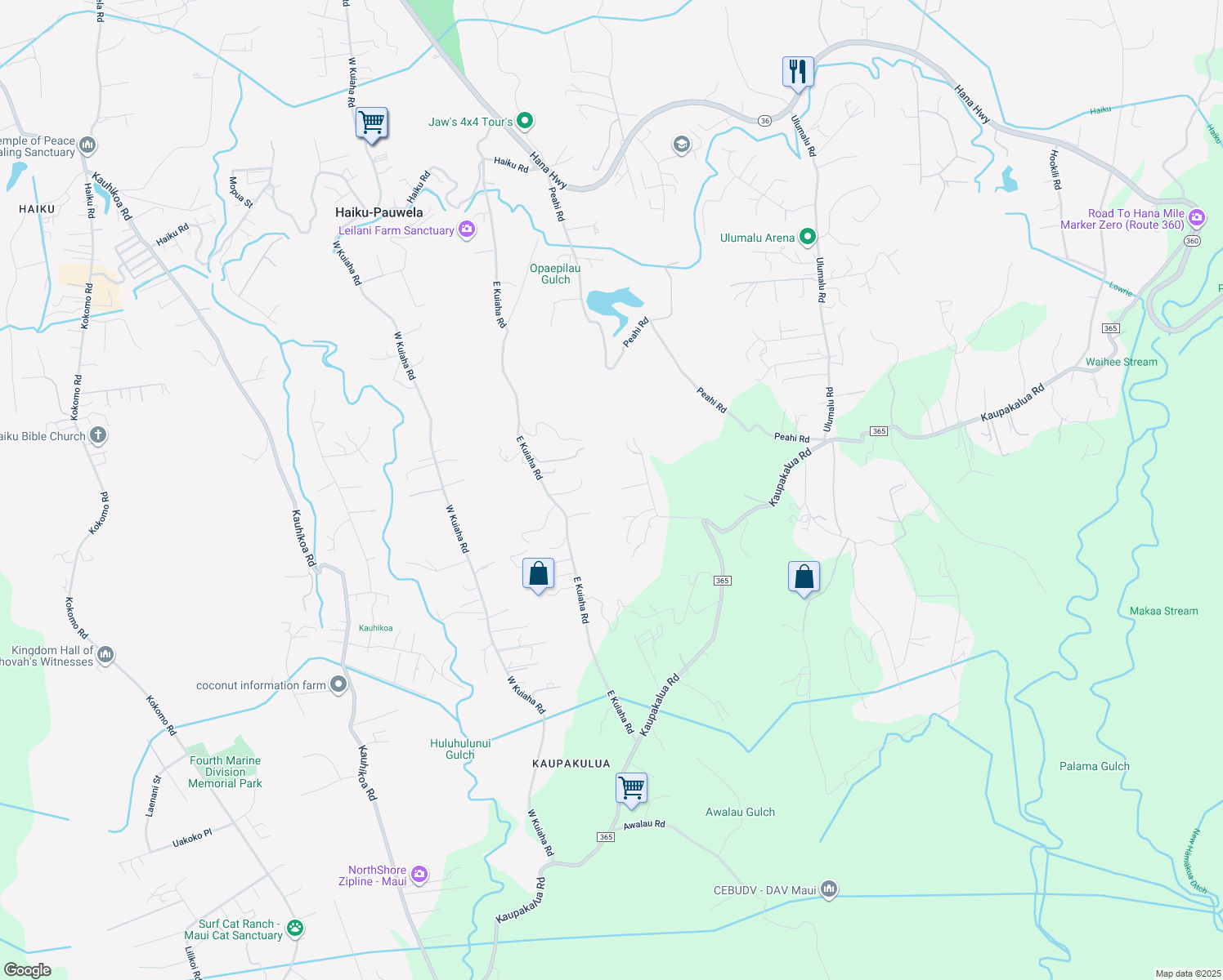 map of restaurants, bars, coffee shops, grocery stores, and more near 60 Lepo Place in Haiku-Pauwela
