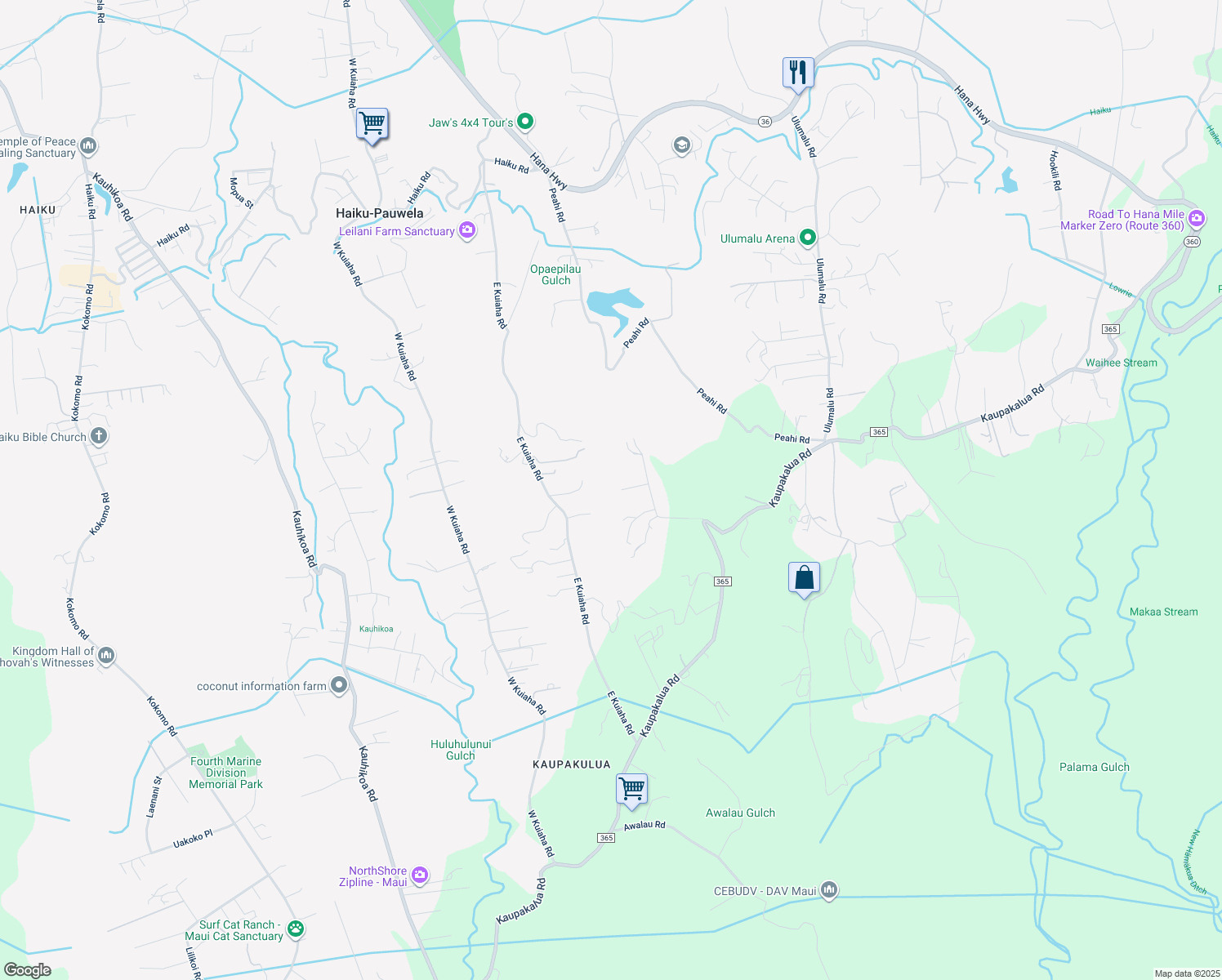map of restaurants, bars, coffee shops, grocery stores, and more near 60 Lepo Place in Haiku-Pauwela