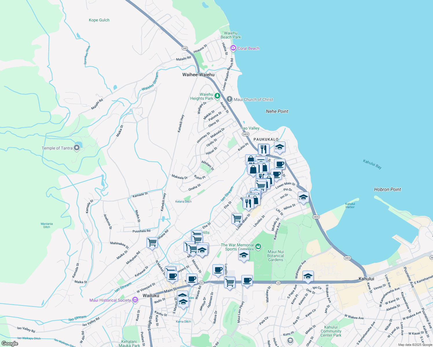 map of restaurants, bars, coffee shops, grocery stores, and more near 929 Kuhio Place in Wailuku