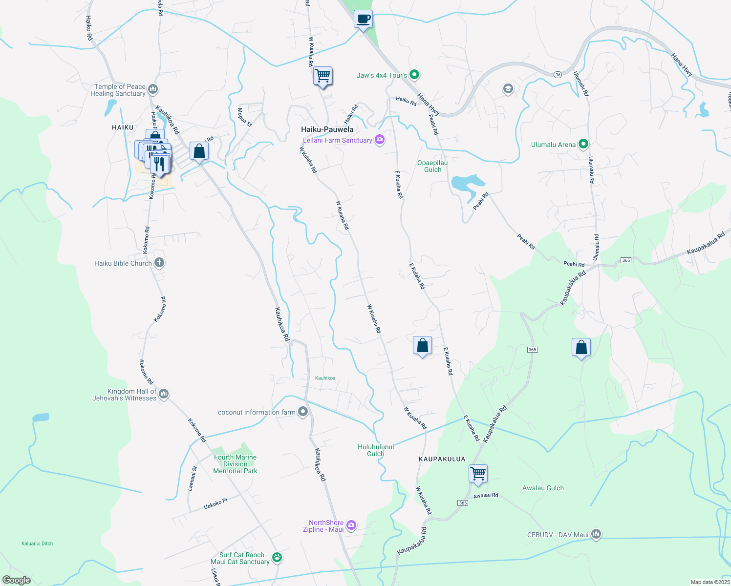 map of restaurants, bars, coffee shops, grocery stores, and more near 1209 West Kuiaha Road in Haiku-Pauwela