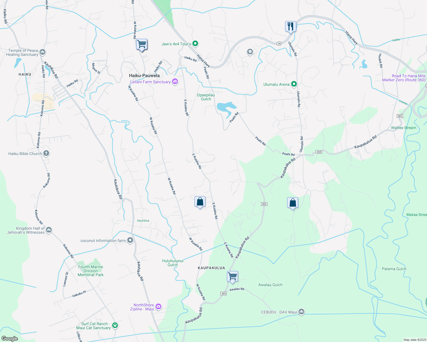 map of restaurants, bars, coffee shops, grocery stores, and more near 55 Oluolumau Place in Haiku-Pauwela