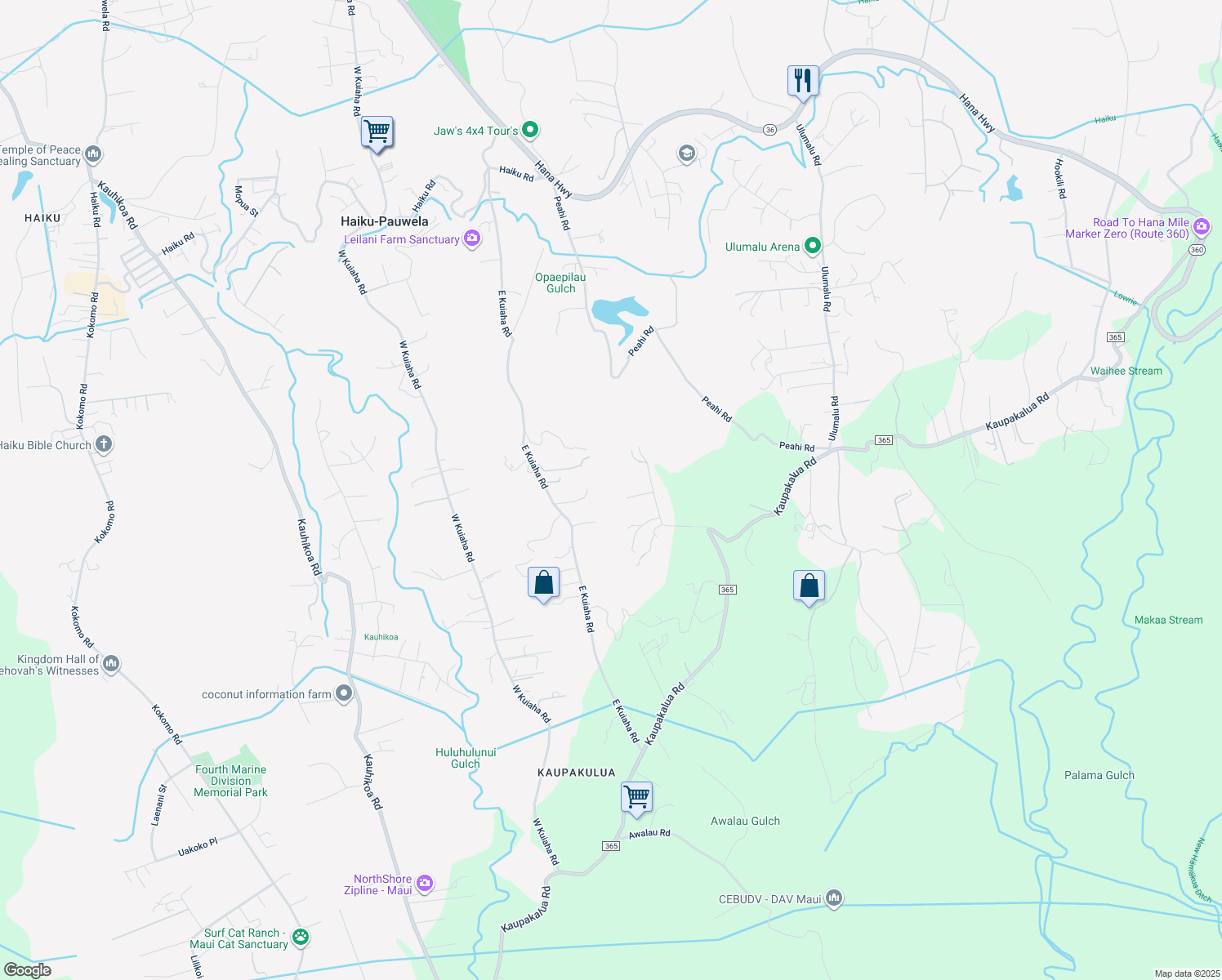 map of restaurants, bars, coffee shops, grocery stores, and more near 60 Lepo Place in Haiku-Pauwela