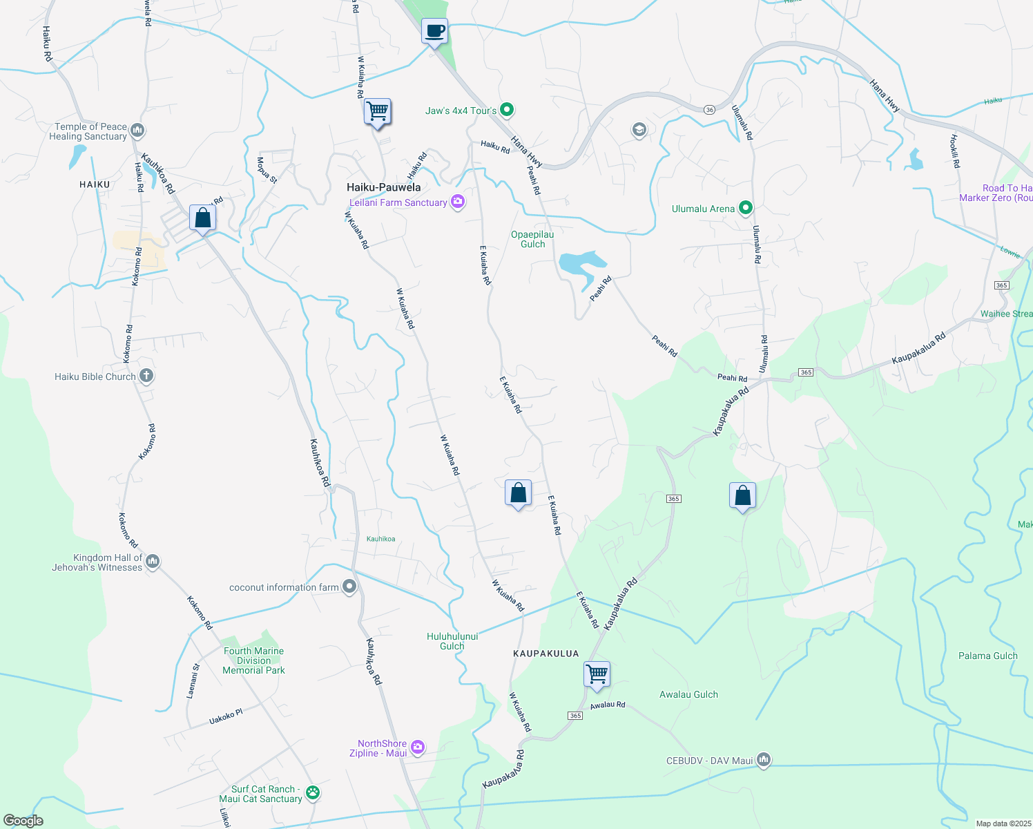 map of restaurants, bars, coffee shops, grocery stores, and more near 690 East Kuiaha Road in Haiku-Pauwela