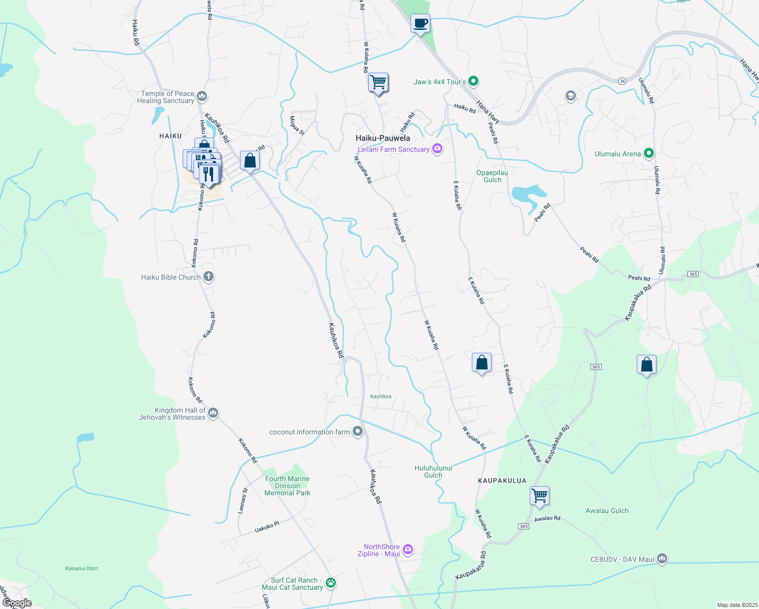 map of restaurants, bars, coffee shops, grocery stores, and more near 1349 Hog Back Road in Haiku-Pauwela