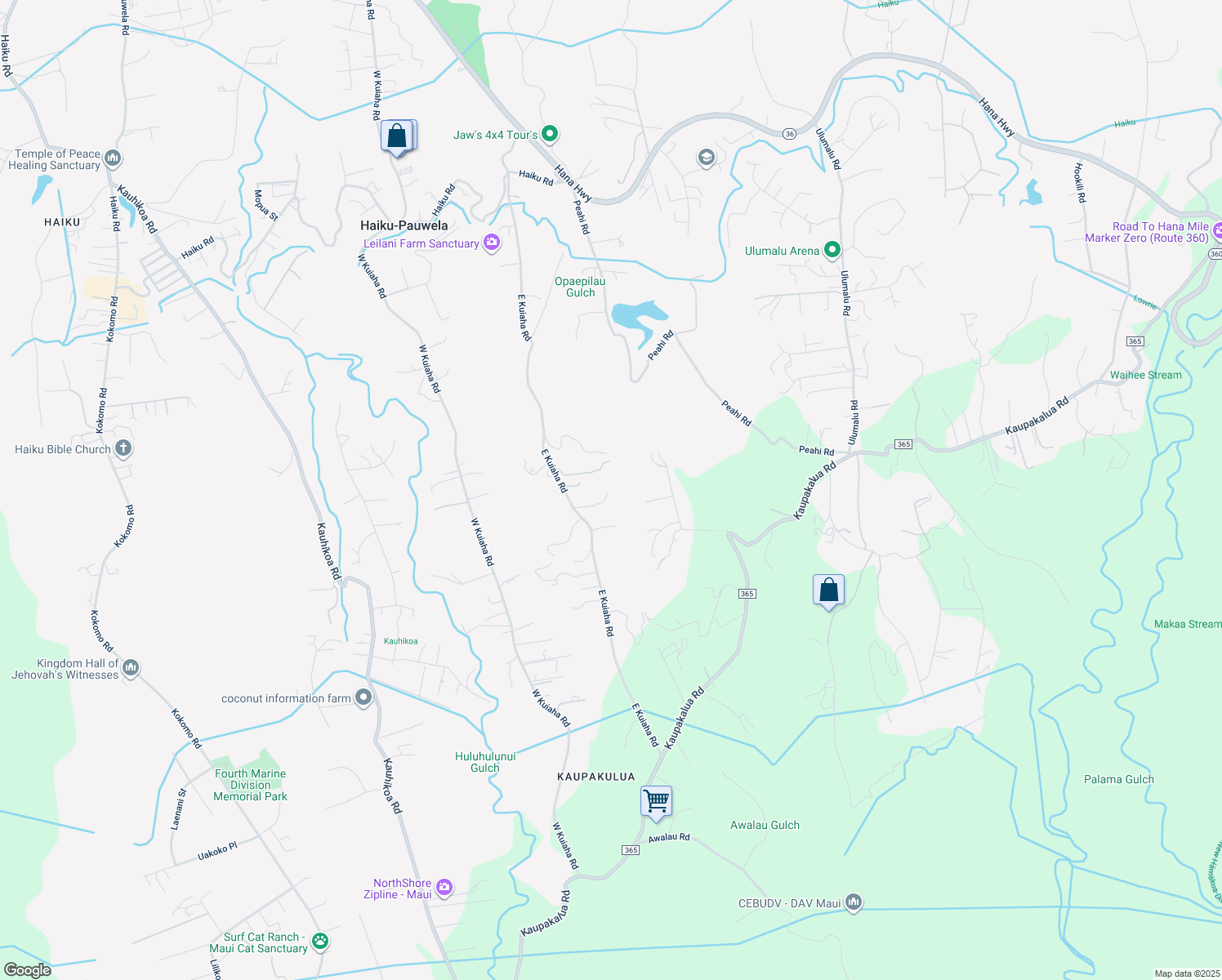map of restaurants, bars, coffee shops, grocery stores, and more near 55 Oluolumau Place in Haiku-Pauwela