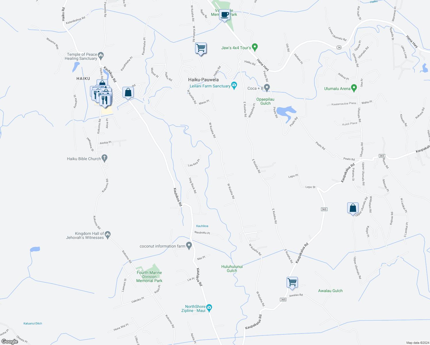 map of restaurants, bars, coffee shops, grocery stores, and more near 1164 West Kuiaha Road in Haiku-Pauwela