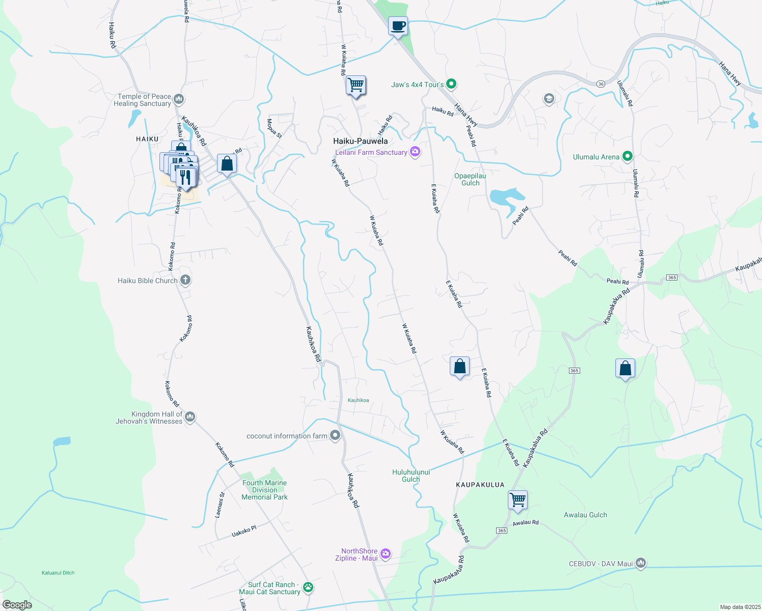 map of restaurants, bars, coffee shops, grocery stores, and more near 1164 West Kuiaha Road in Haiku-Pauwela