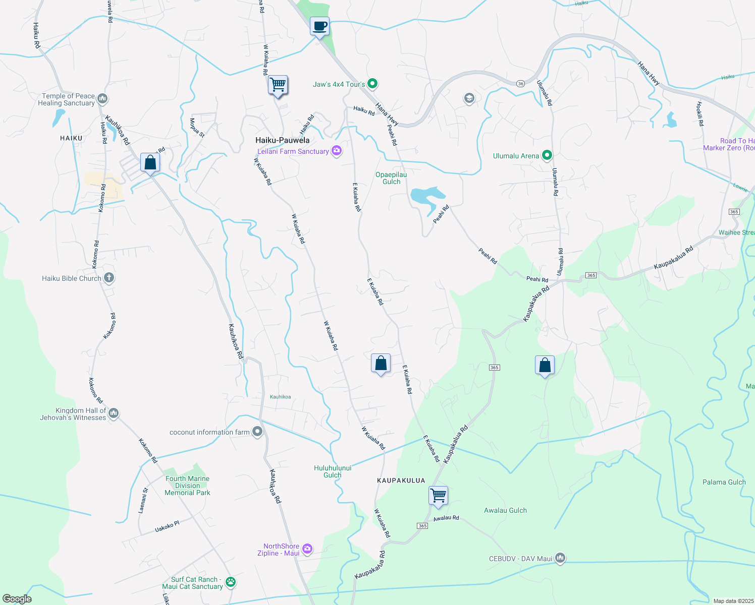 map of restaurants, bars, coffee shops, grocery stores, and more near 690 East Kuiaha Road in Haiku-Pauwela