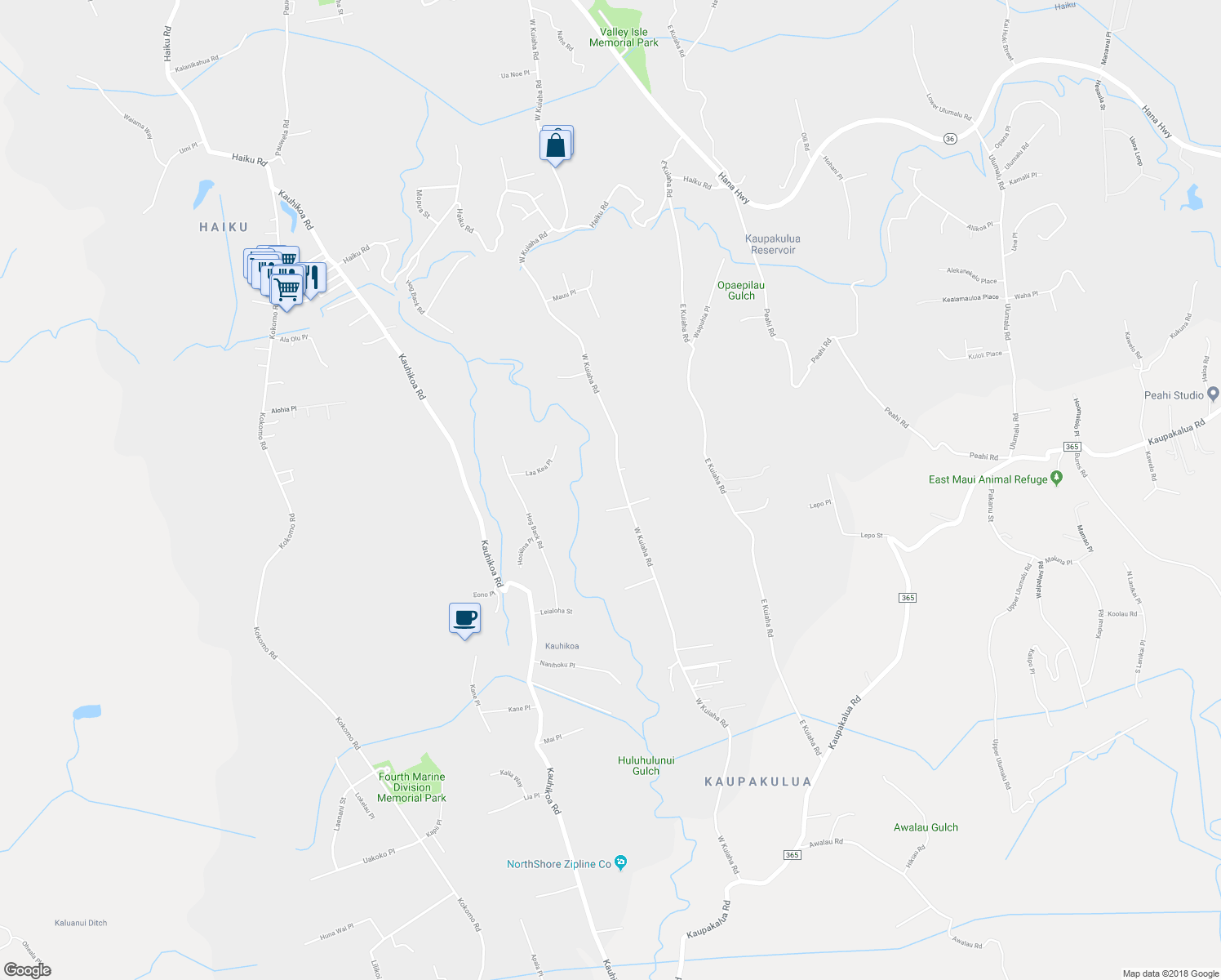 map of restaurants, bars, coffee shops, grocery stores, and more near 1170 West Kuiaha Road in Haiku-Pauwela