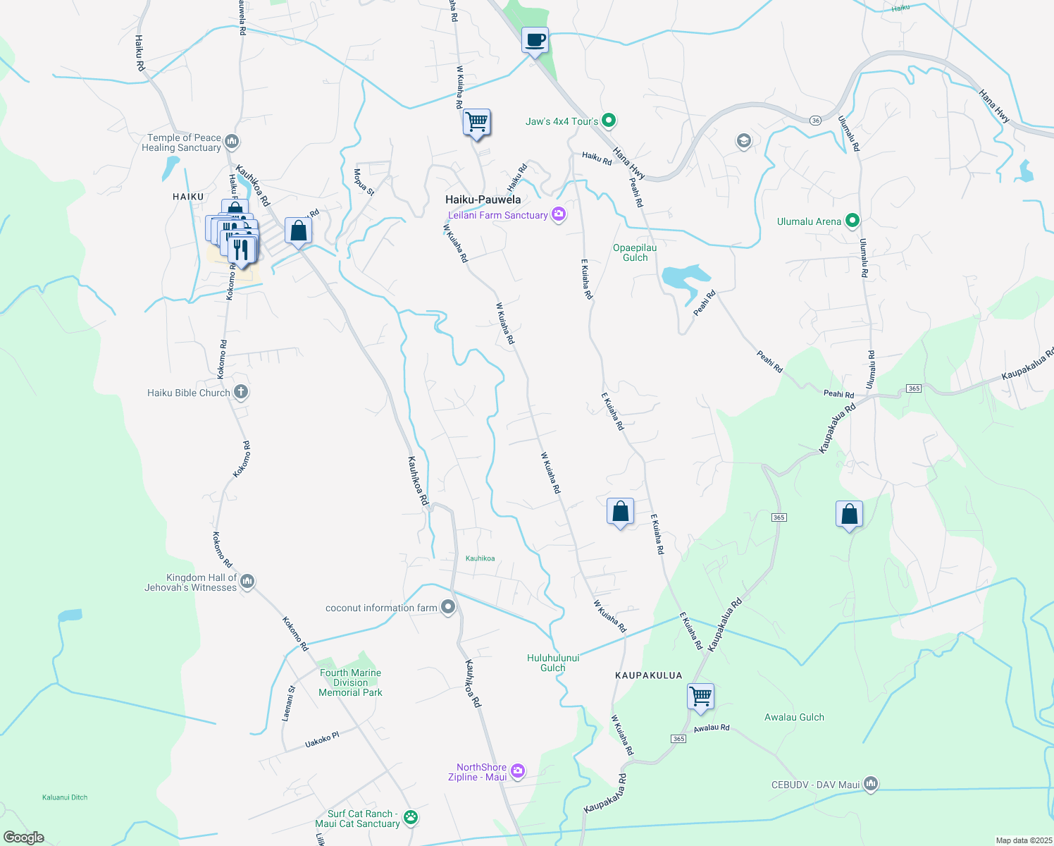 map of restaurants, bars, coffee shops, grocery stores, and more near 1170 West Kuiaha Road in Haiku-Pauwela