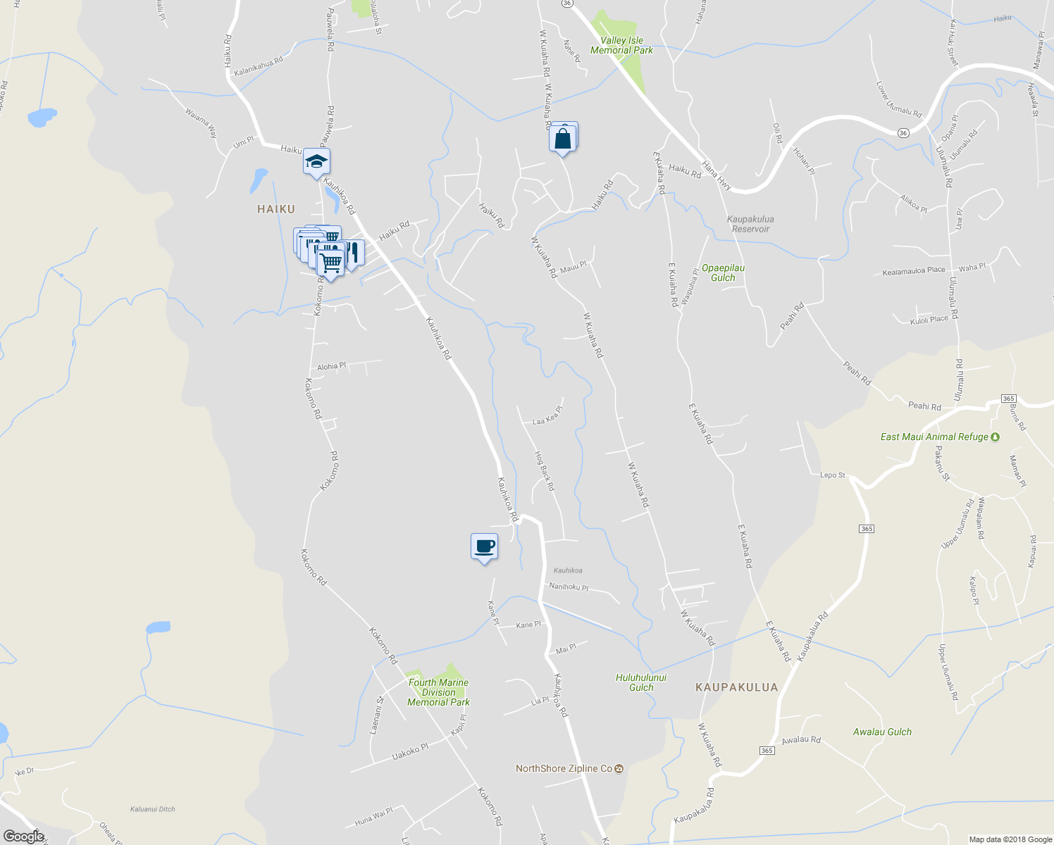 map of restaurants, bars, coffee shops, grocery stores, and more near 0 Laa Kea Place in Haiku-Pauwela