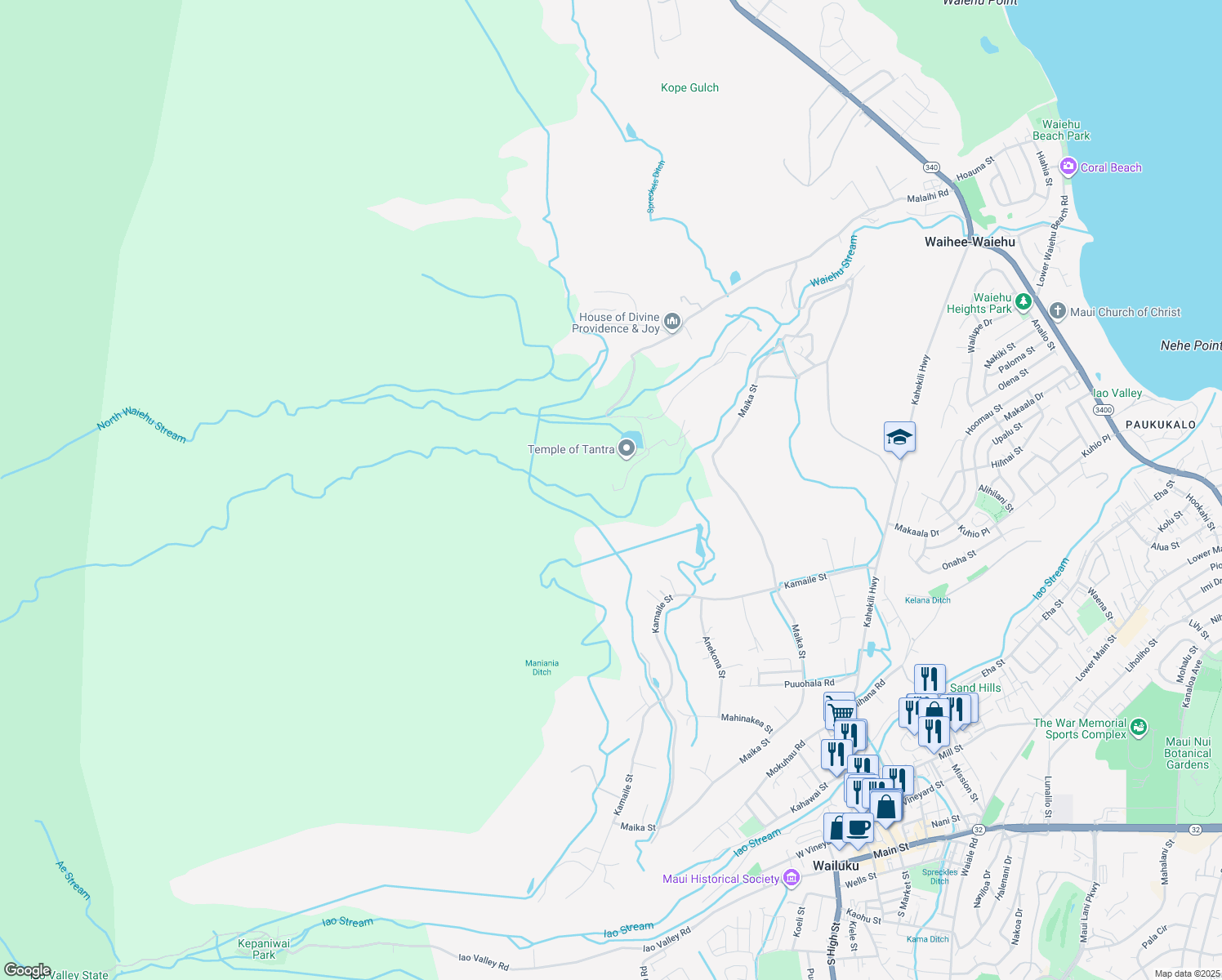 map of restaurants, bars, coffee shops, grocery stores, and more near 1375 Malaihi Road in Wailuku