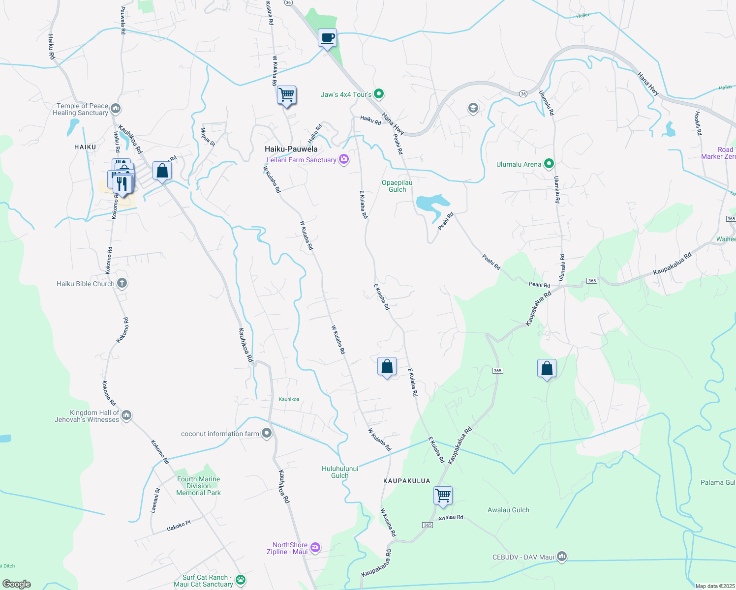 map of restaurants, bars, coffee shops, grocery stores, and more near 630 East Kuiaha Road in Haiku-Pauwela