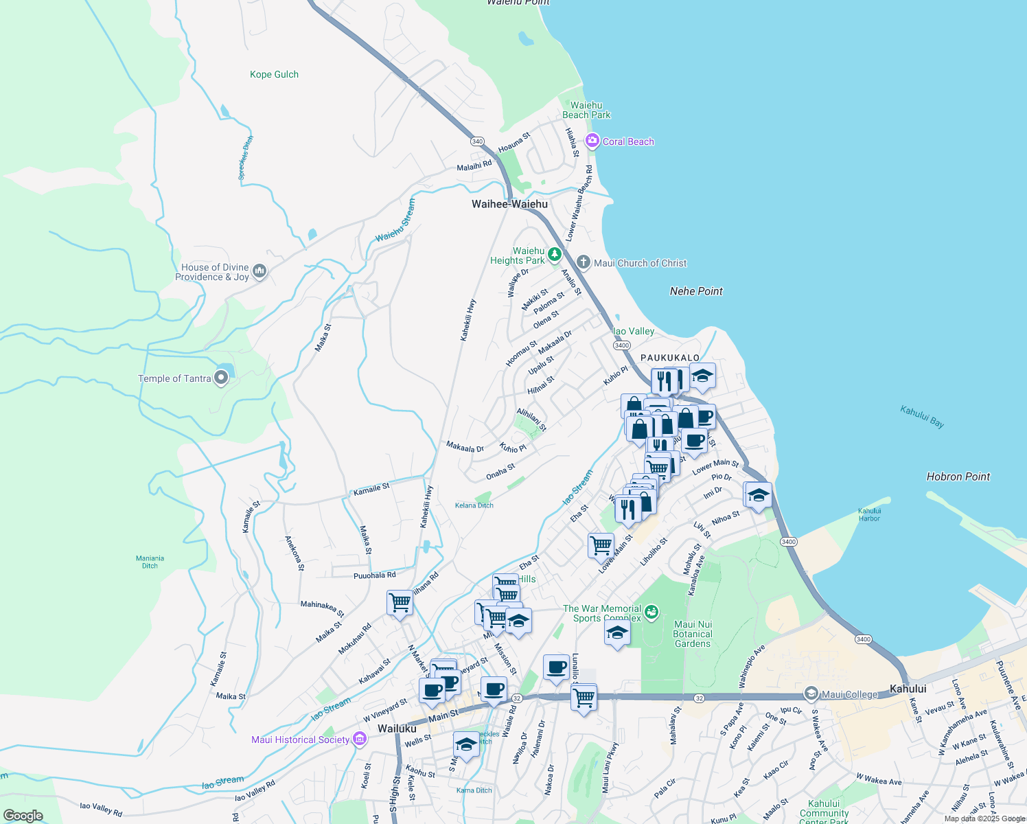 map of restaurants, bars, coffee shops, grocery stores, and more near 1020 Makaala Drive in Wailuku