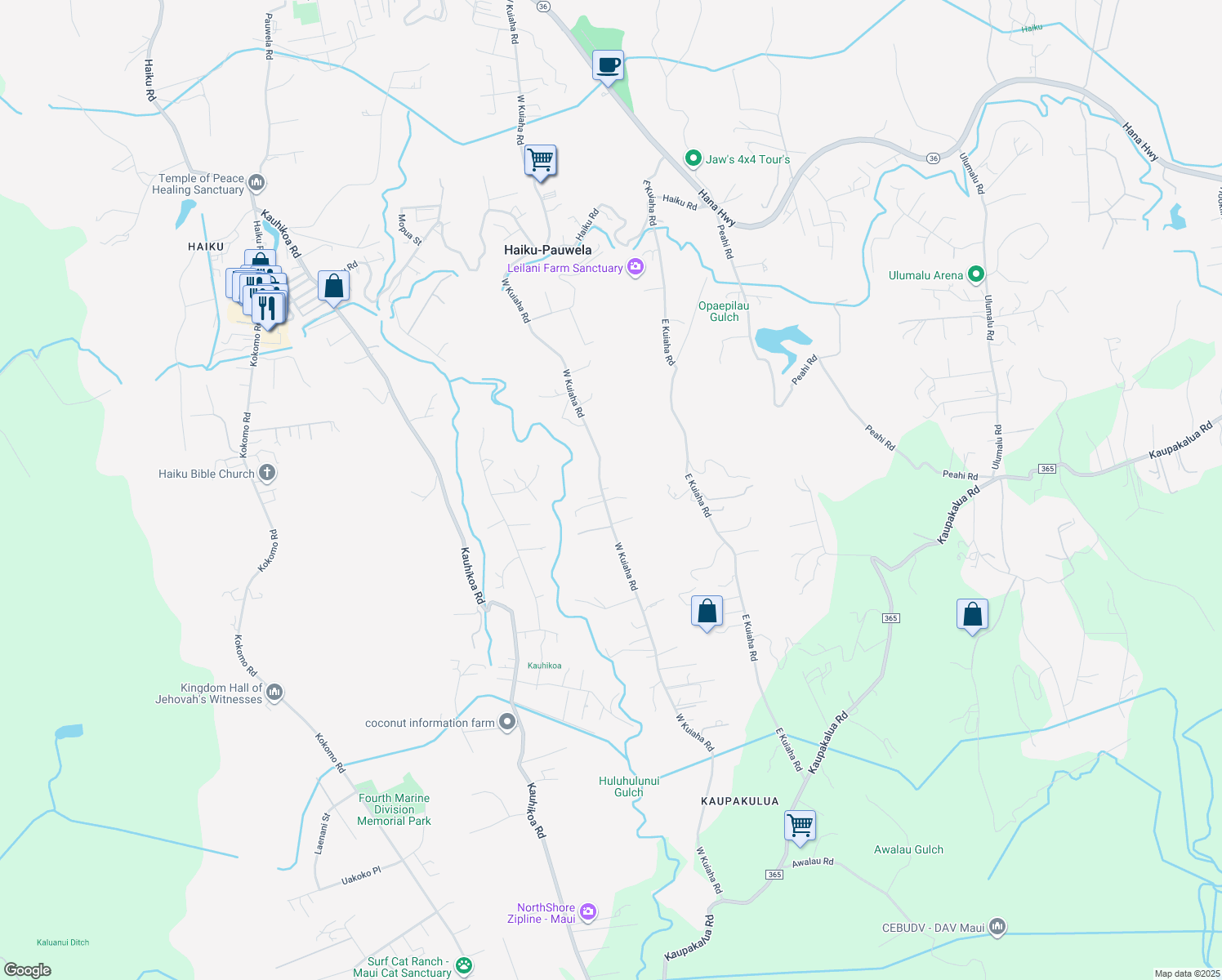 map of restaurants, bars, coffee shops, grocery stores, and more near 1145 West Kuiaha Road in Haiku-Pauwela