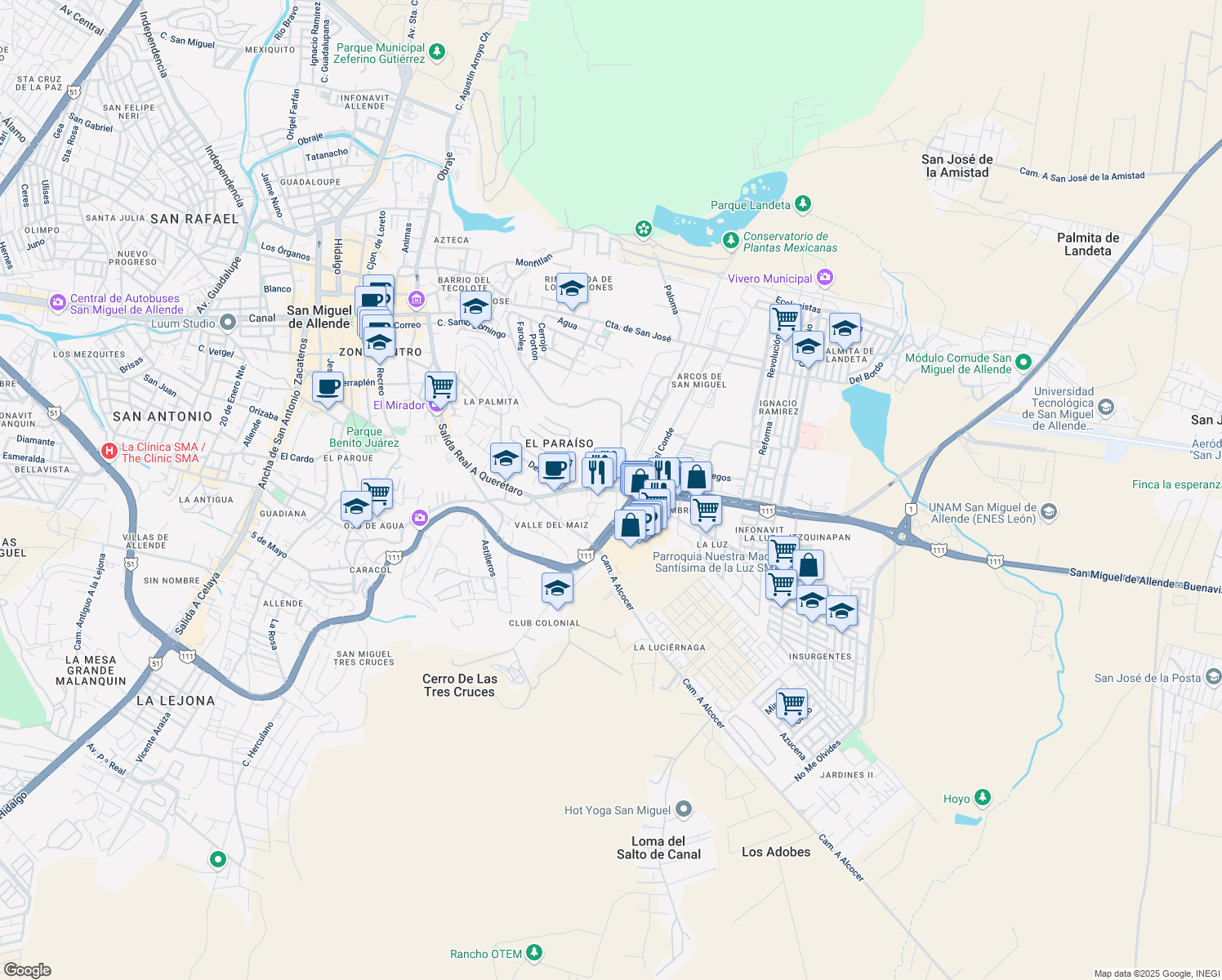 map of restaurants, bars, coffee shops, grocery stores, and more near in San Miguel de Allende