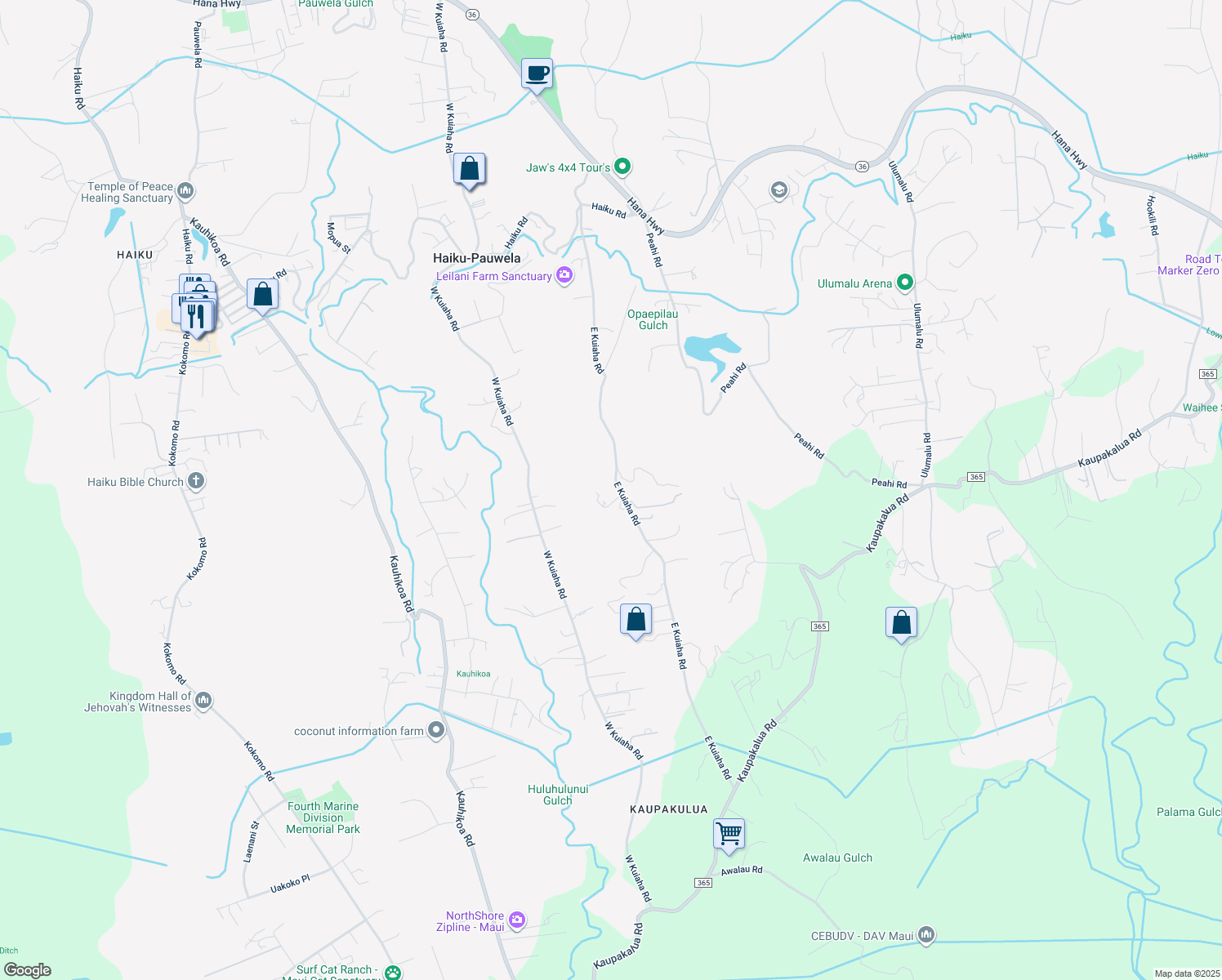 map of restaurants, bars, coffee shops, grocery stores, and more near 630 East Kuiaha Road in Haiku-Pauwela