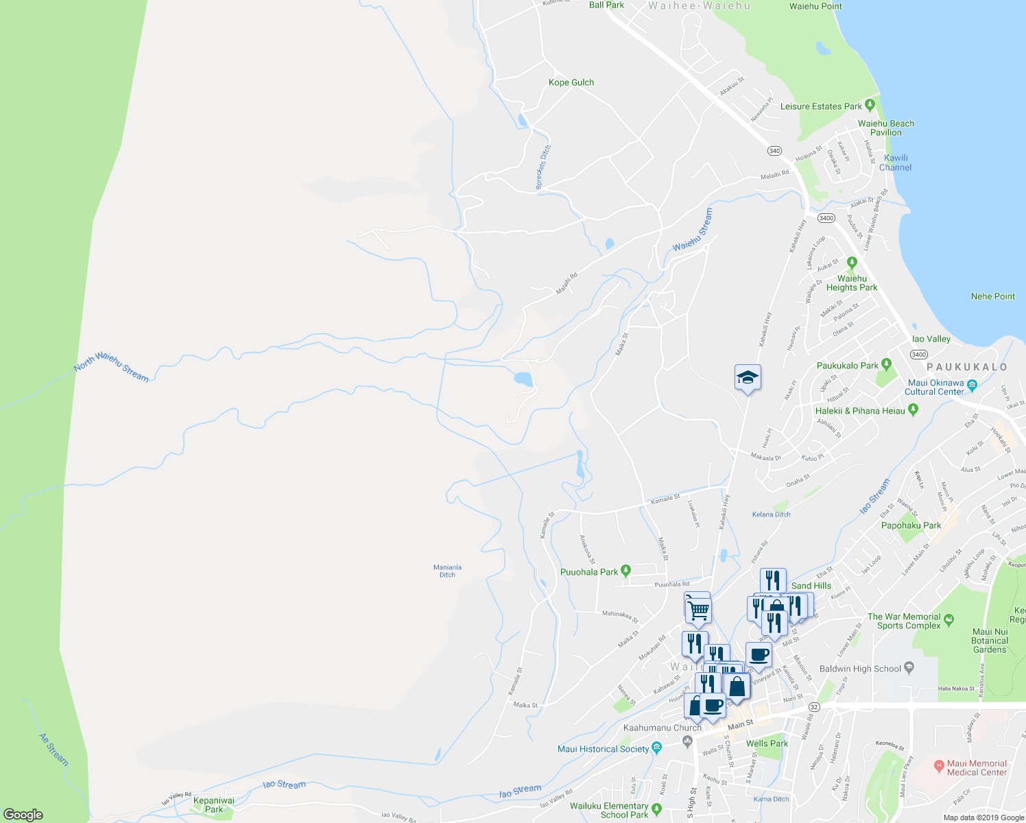 map of restaurants, bars, coffee shops, grocery stores, and more near 1375 Malaihi Road in Wailuku