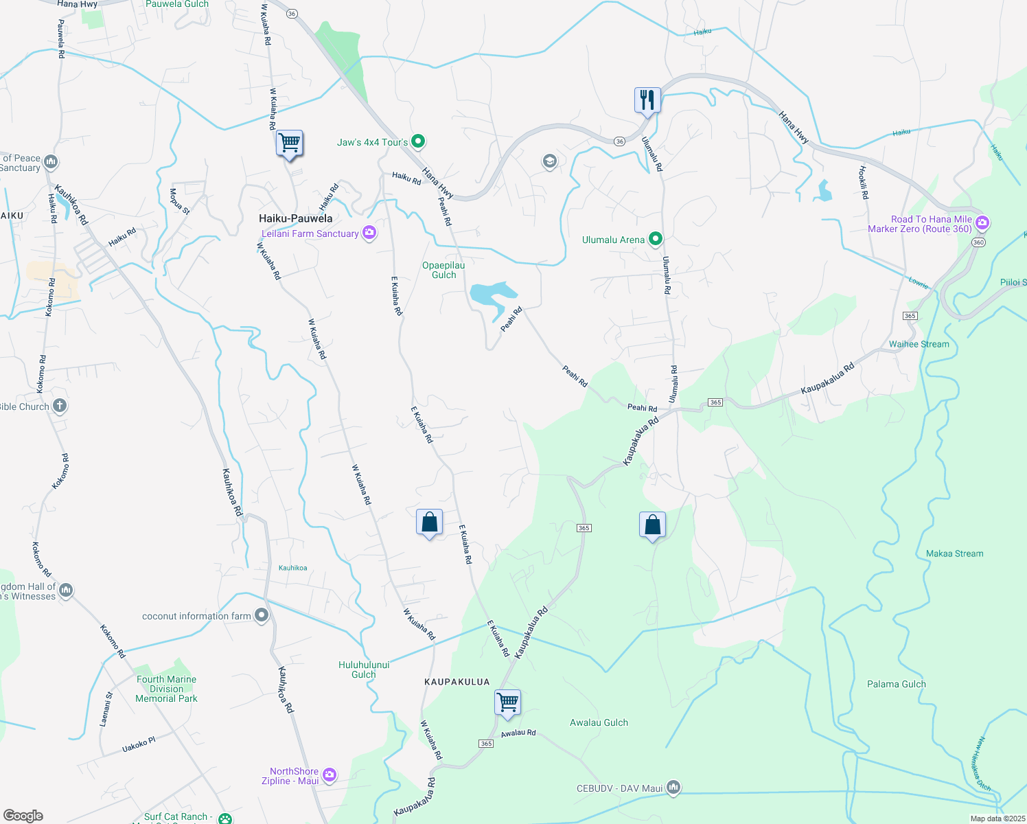 map of restaurants, bars, coffee shops, grocery stores, and more near 3799 Lepo Street in Haiku-Pauwela