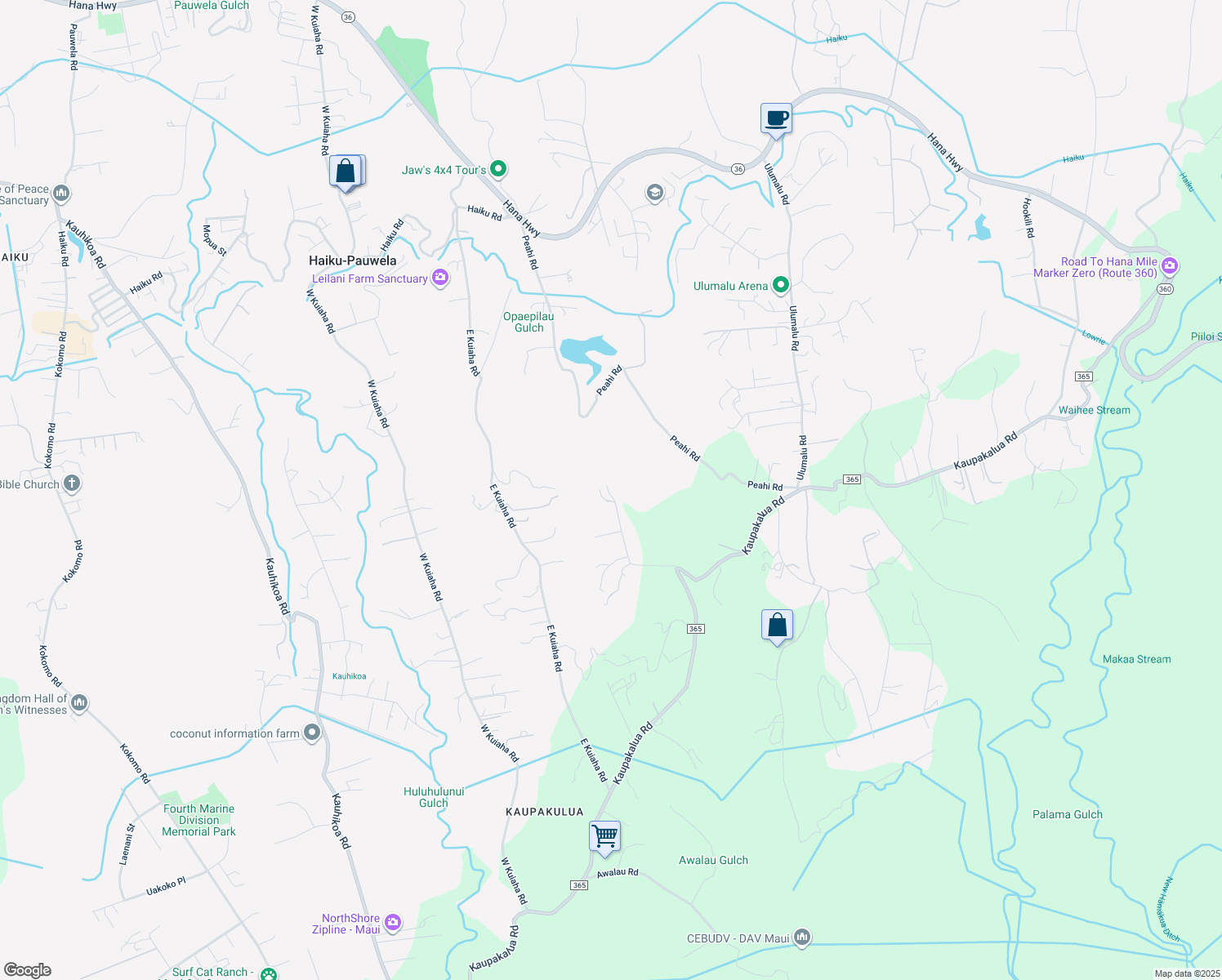 map of restaurants, bars, coffee shops, grocery stores, and more near 3799 Lepo Street in Haiku-Pauwela