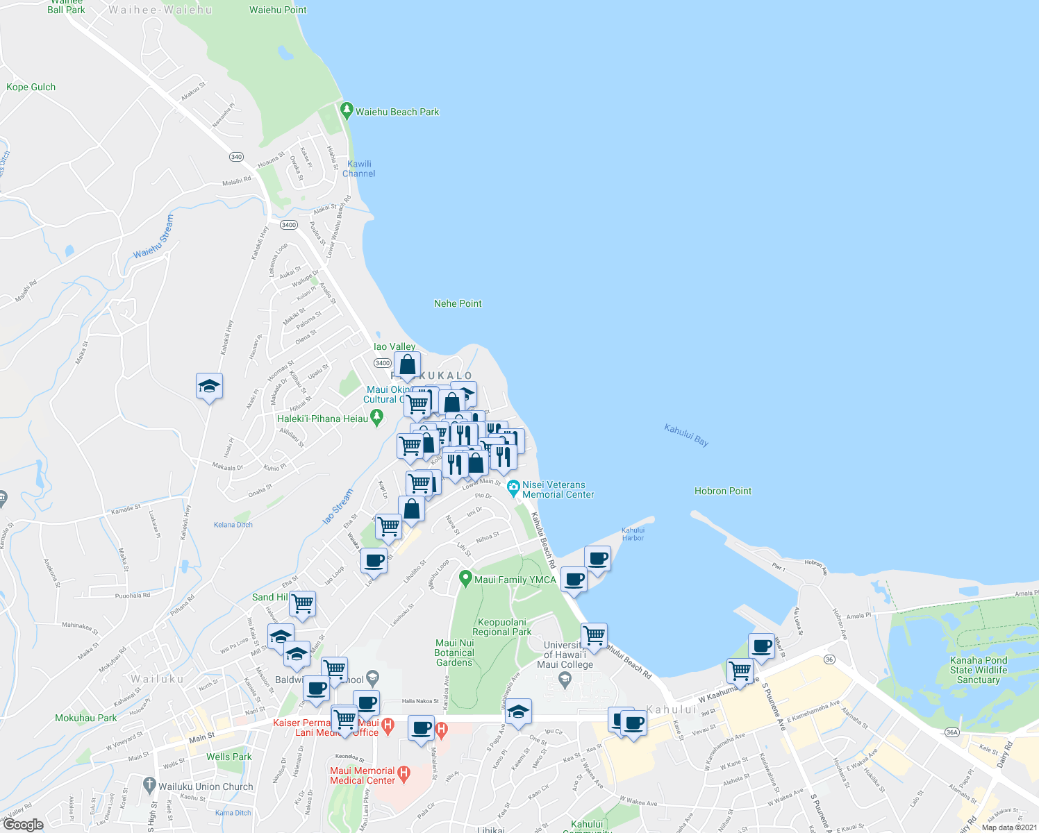 map of restaurants, bars, coffee shops, grocery stores, and more near 517 Kailana Street in Wailuku