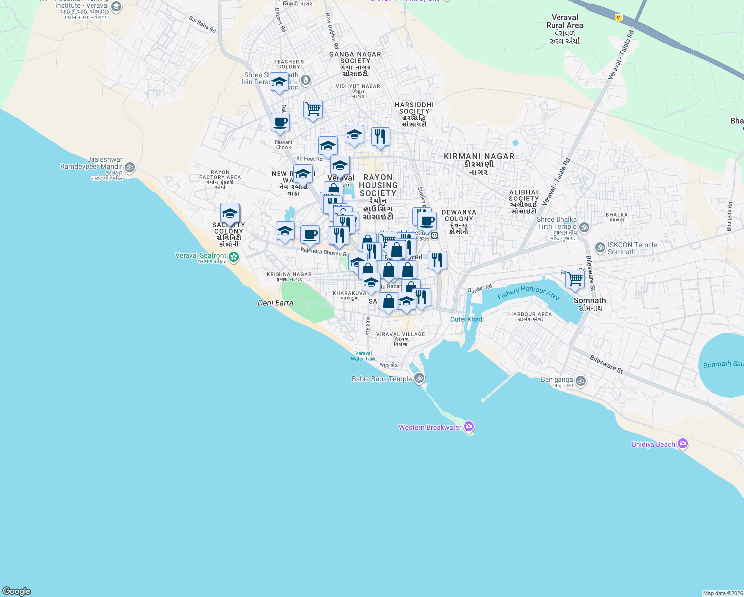 map of restaurants, bars, coffee shops, grocery stores, and more near Satta Bazaar Road in Veraval