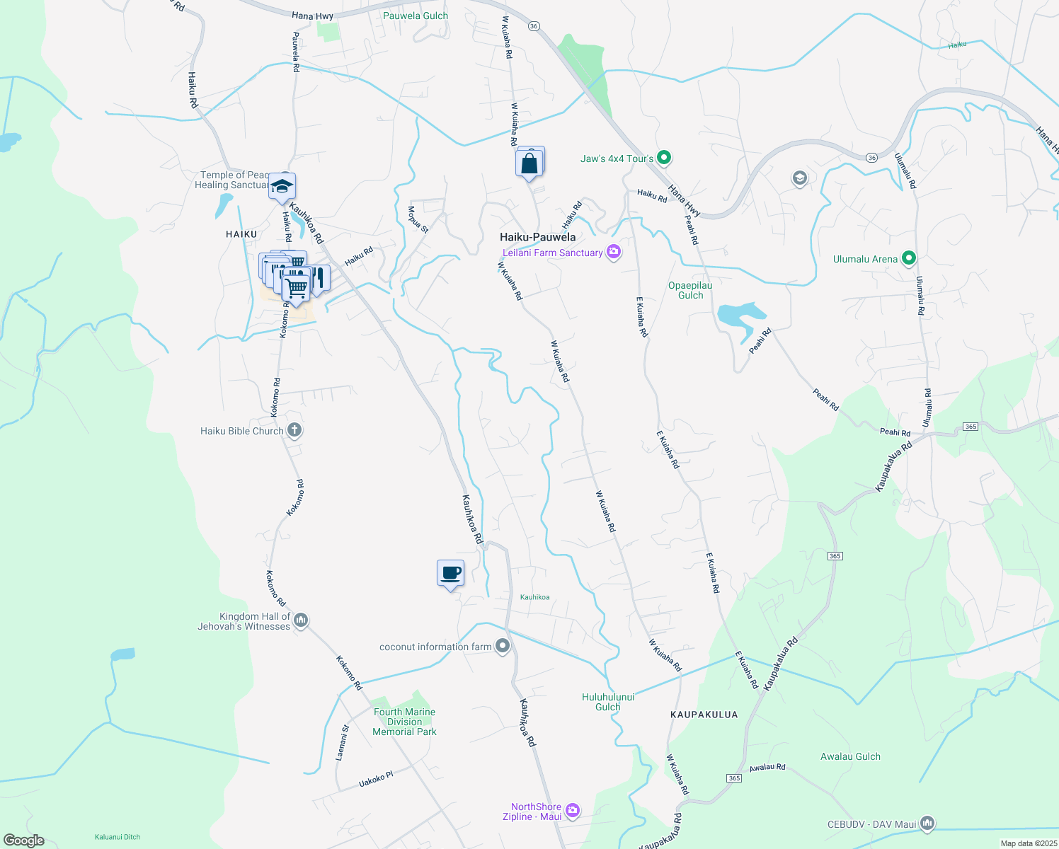 map of restaurants, bars, coffee shops, grocery stores, and more near 0 Laa Kea Place in Haiku-Pauwela