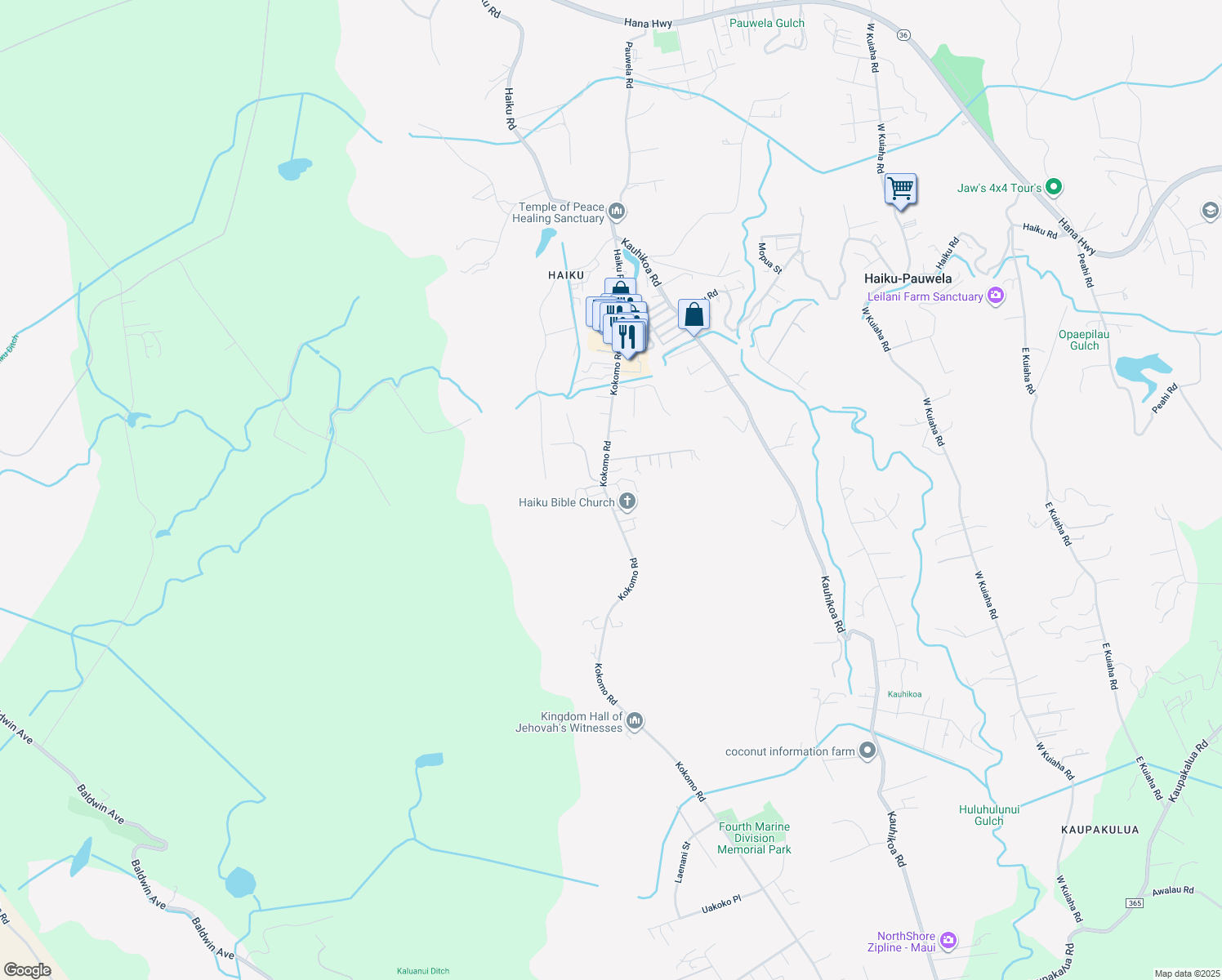 map of restaurants, bars, coffee shops, grocery stores, and more near 1075 Kokomo Road in Haiku-Pauwela