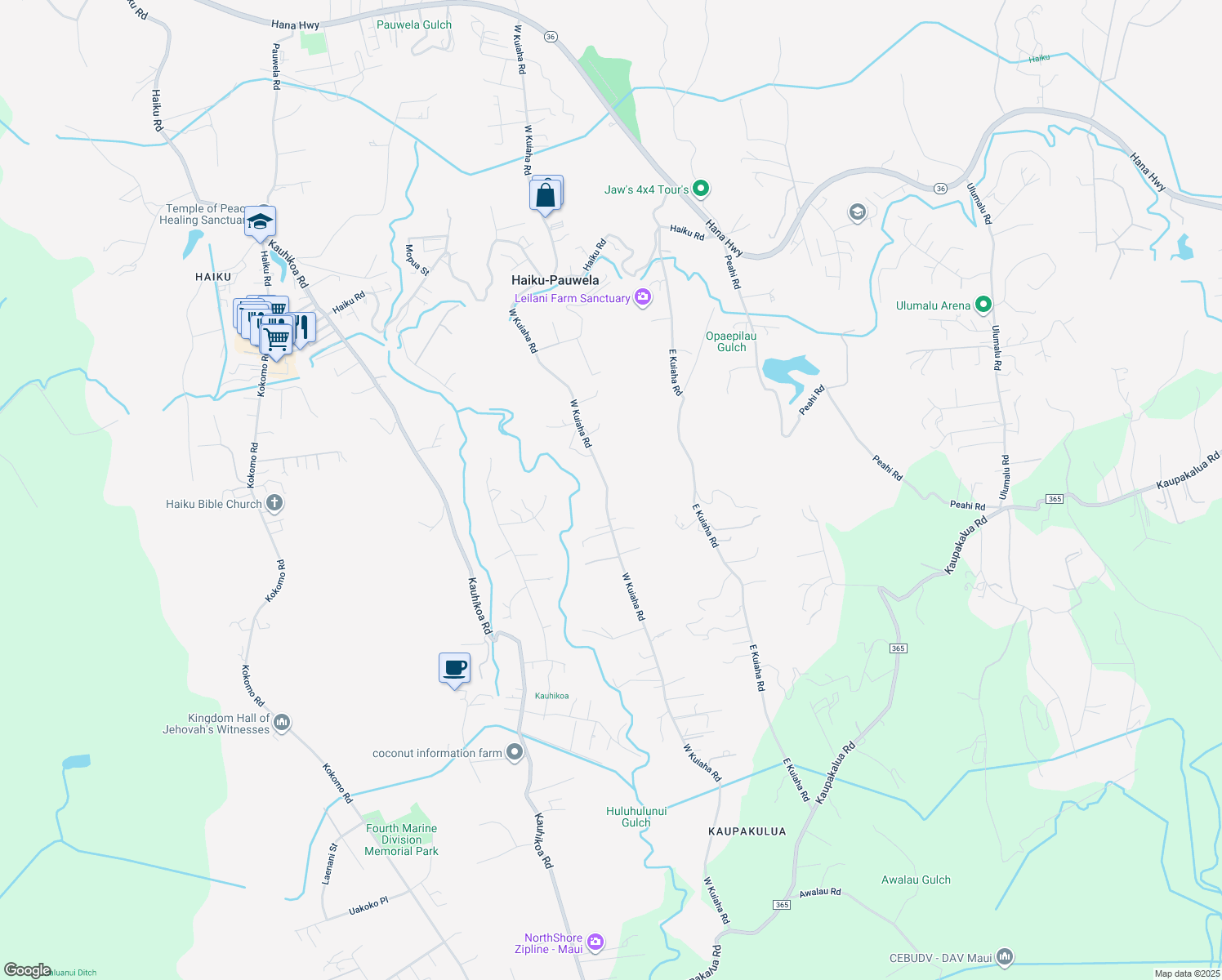 map of restaurants, bars, coffee shops, grocery stores, and more near 1085 West Kuiaha Road in Haiku-Pauwela