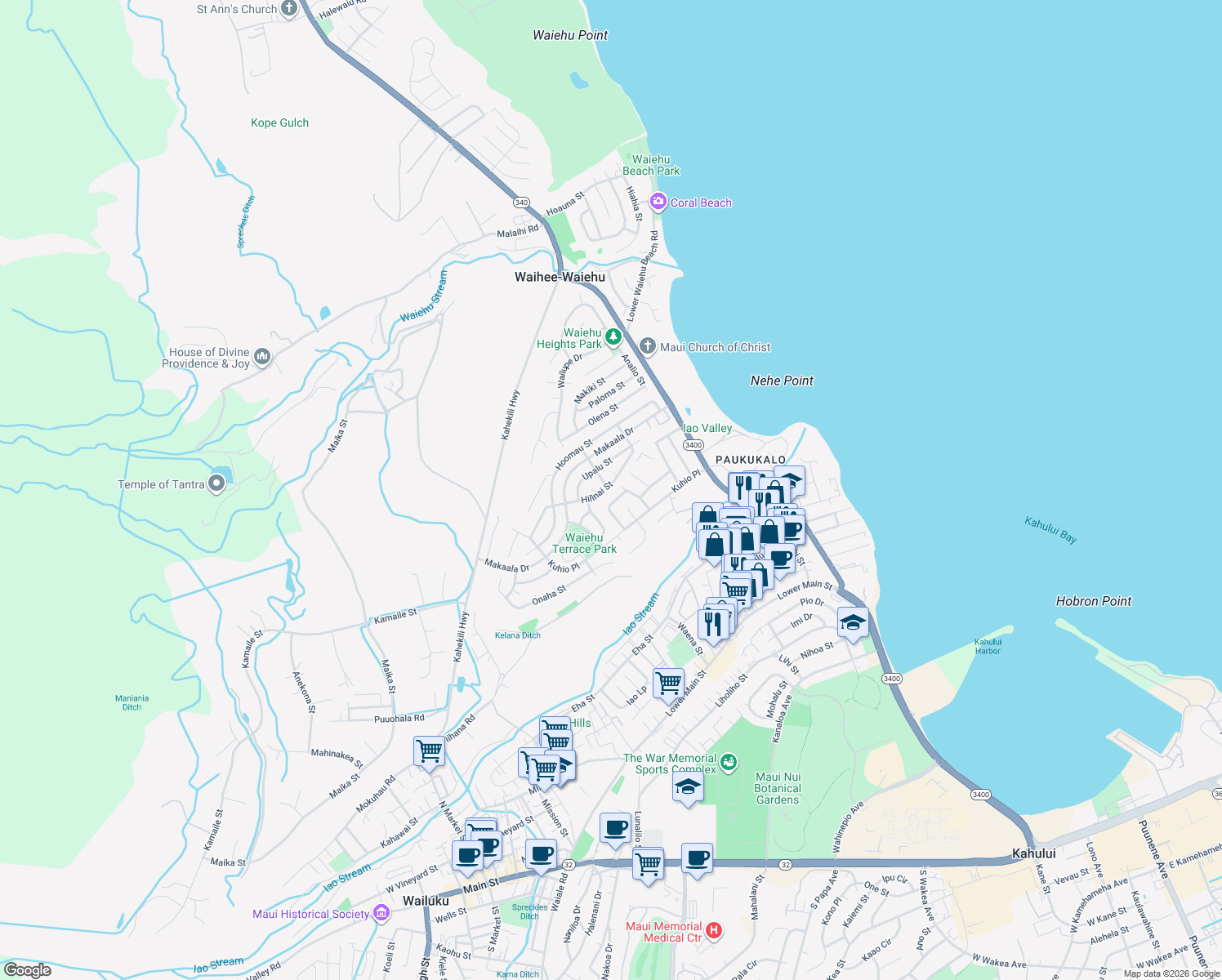 map of restaurants, bars, coffee shops, grocery stores, and more near 632 Hilinai Street in Wailuku