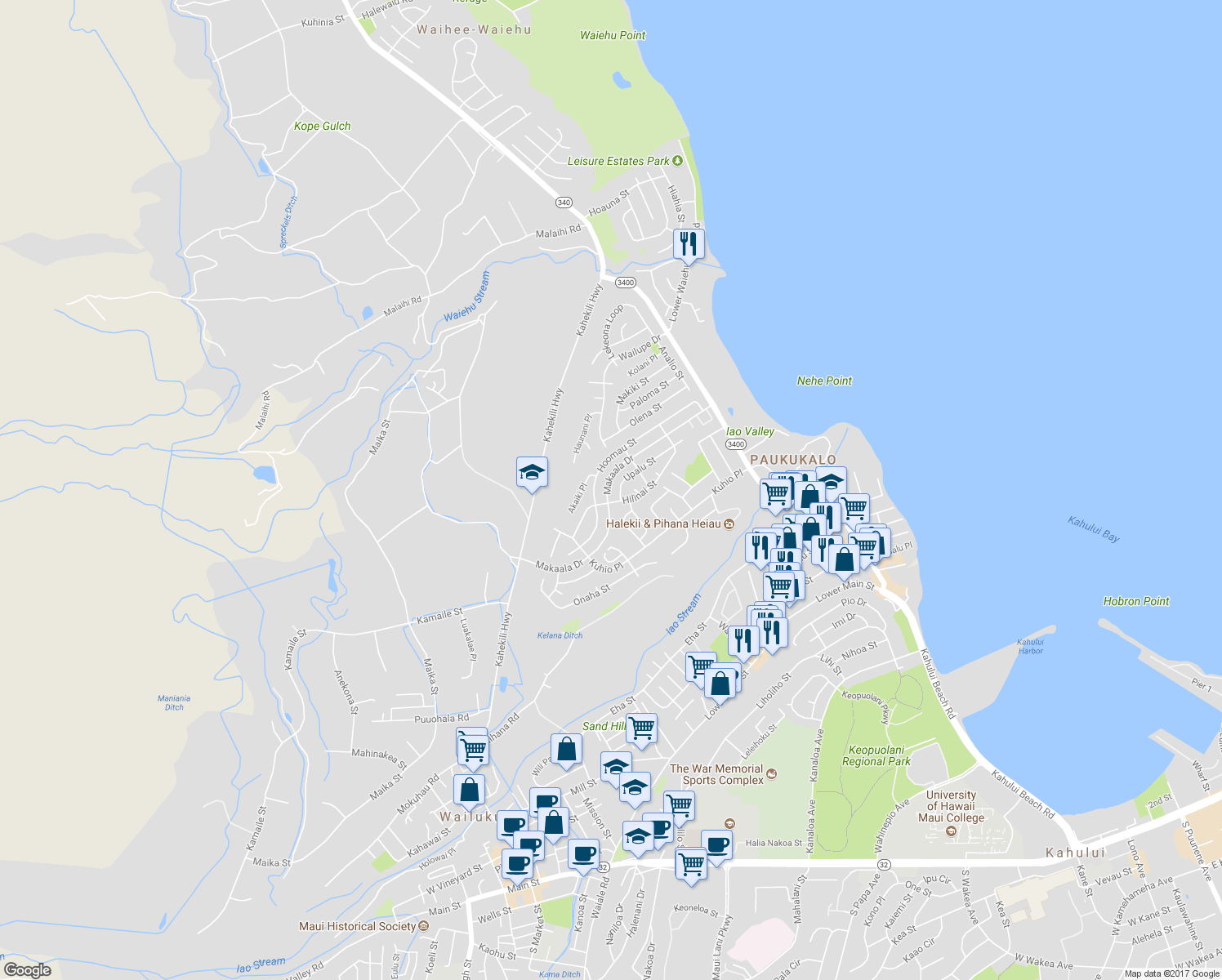 map of restaurants, bars, coffee shops, grocery stores, and more near 935 Makaala Drive in Wailuku