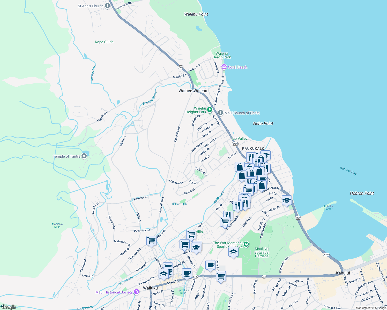 map of restaurants, bars, coffee shops, grocery stores, and more near 922 Makaala Drive in Wailuku