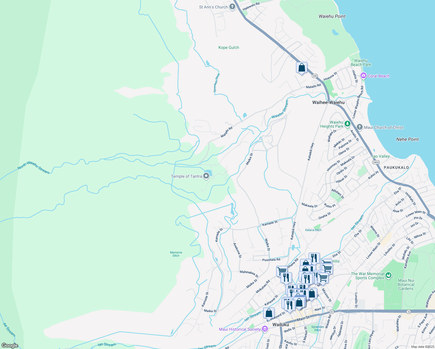 map of restaurants, bars, coffee shops, grocery stores, and more near 1369 Malaihi Road in Wailuku