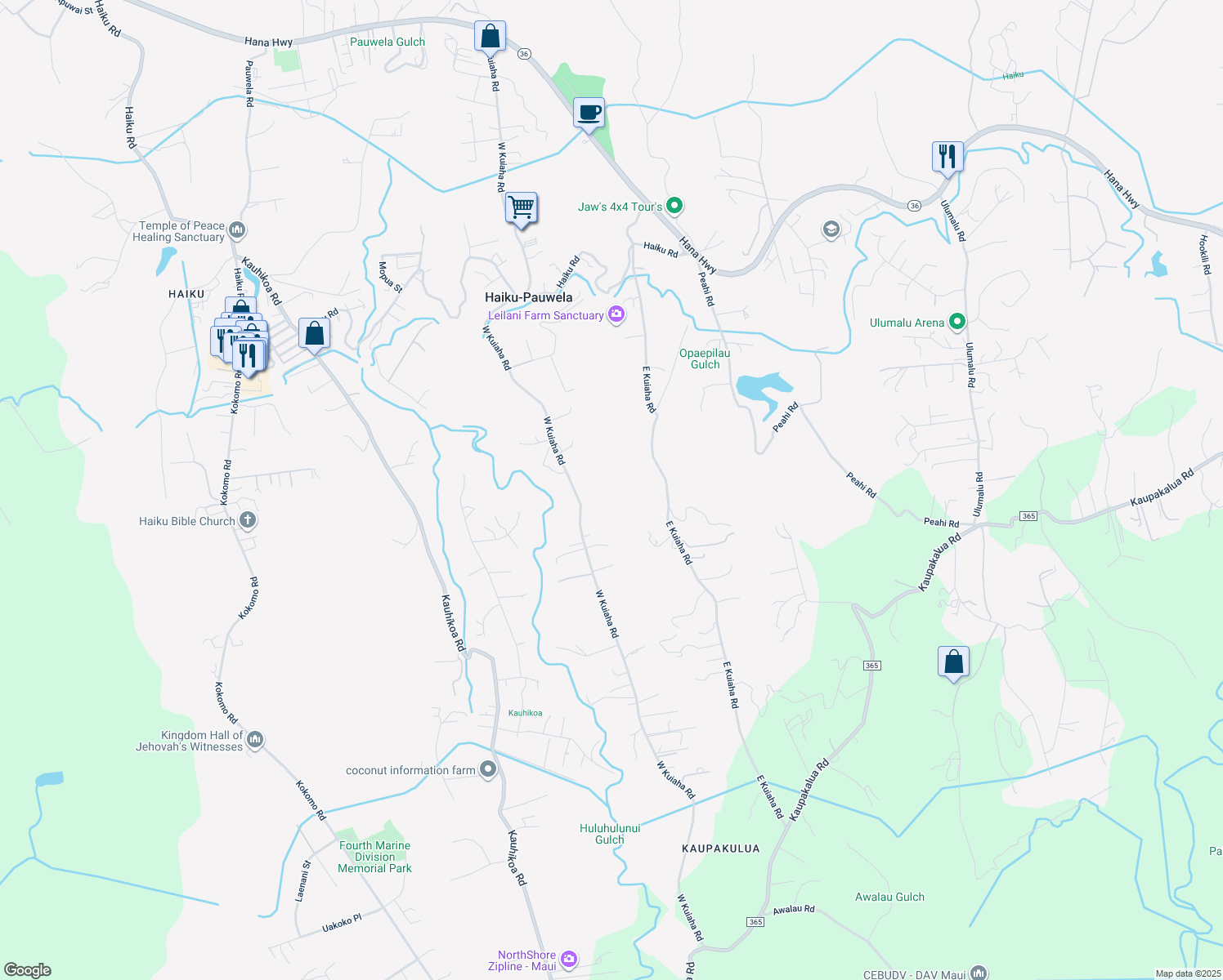 map of restaurants, bars, coffee shops, grocery stores, and more near 1085 West Kuiaha Road in Haiku-Pauwela