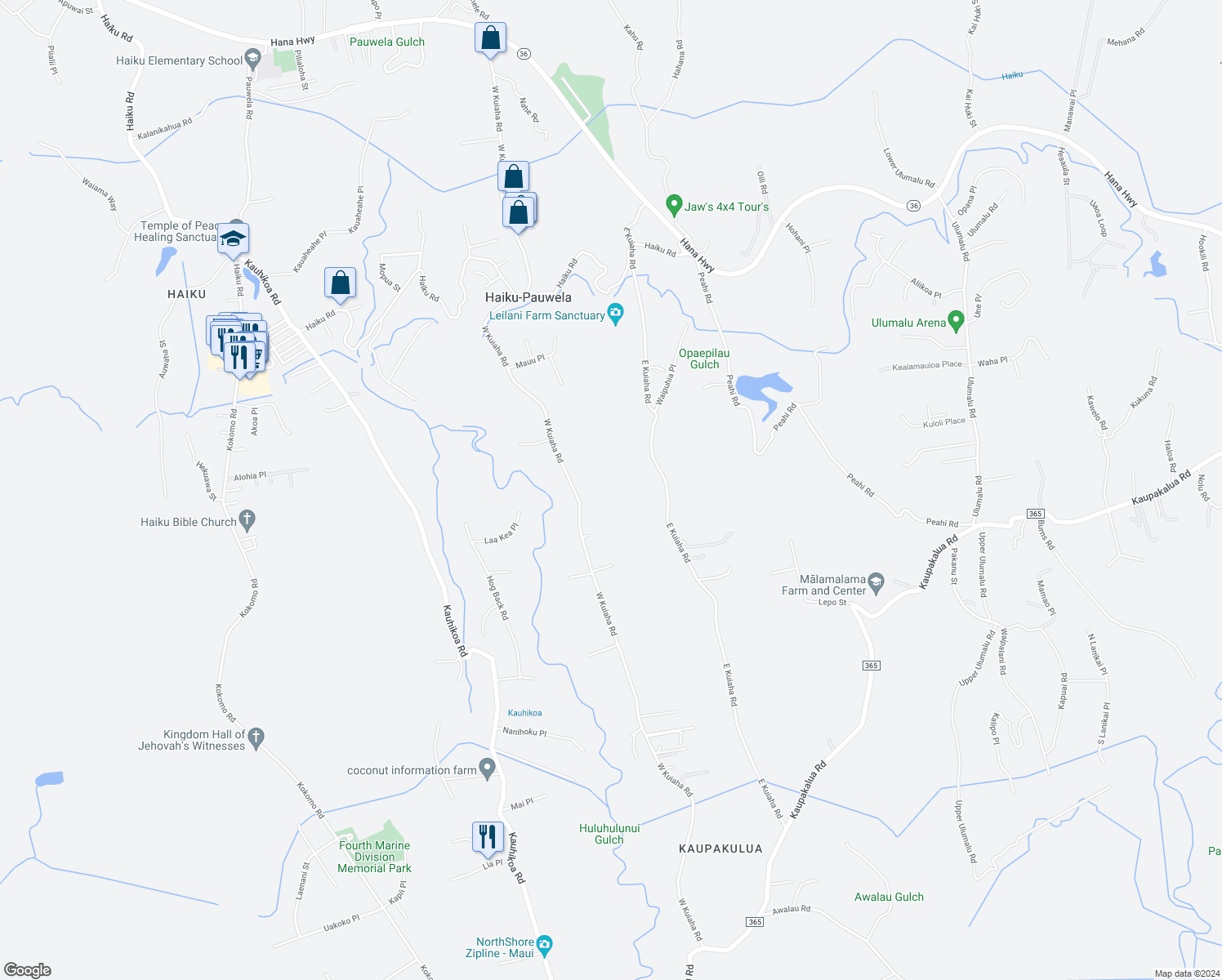 map of restaurants, bars, coffee shops, grocery stores, and more near 1085 West Kuiaha Road in Haiku-Pauwela