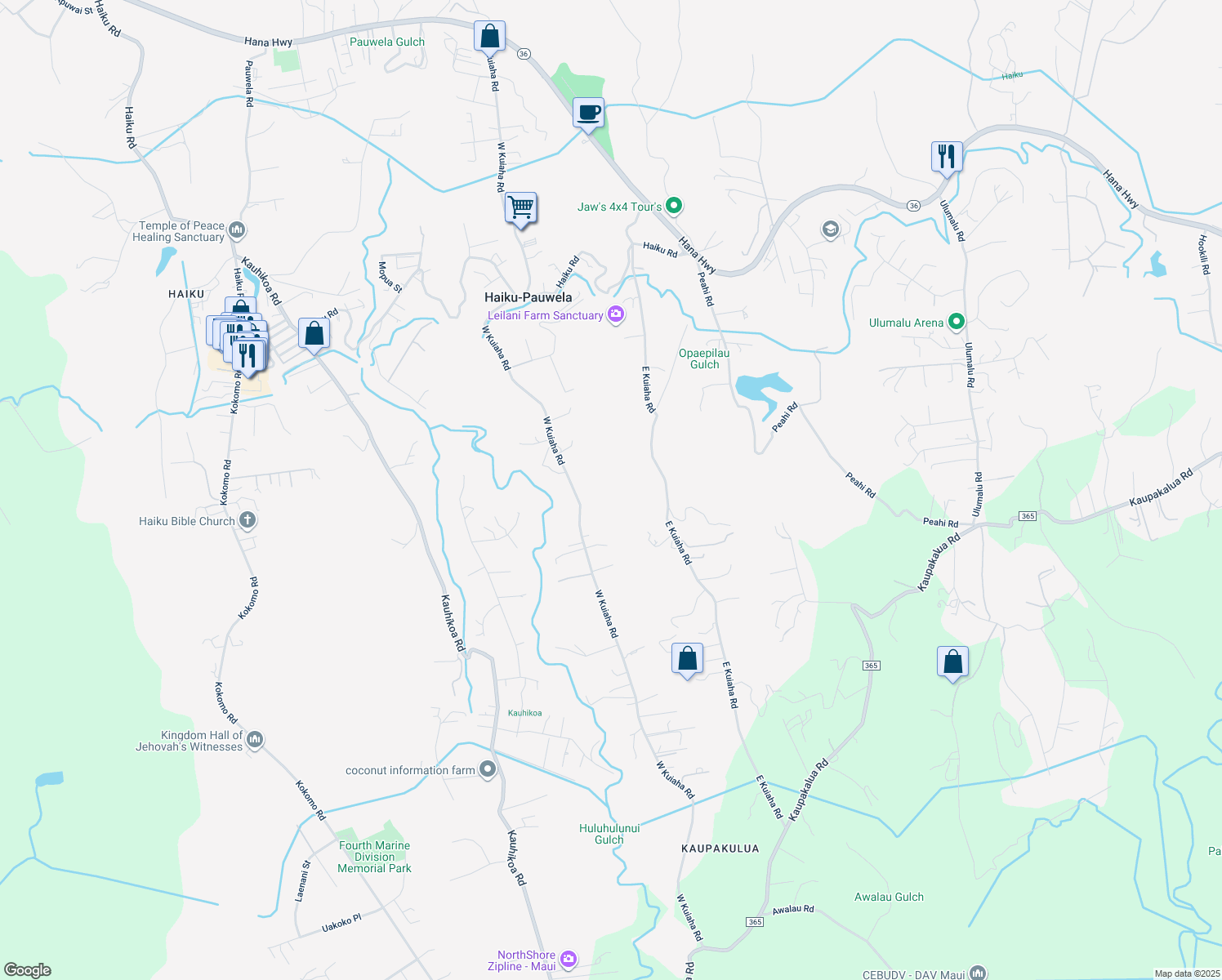 map of restaurants, bars, coffee shops, grocery stores, and more near 1089 West Kuiaha Road in Haiku-Pauwela