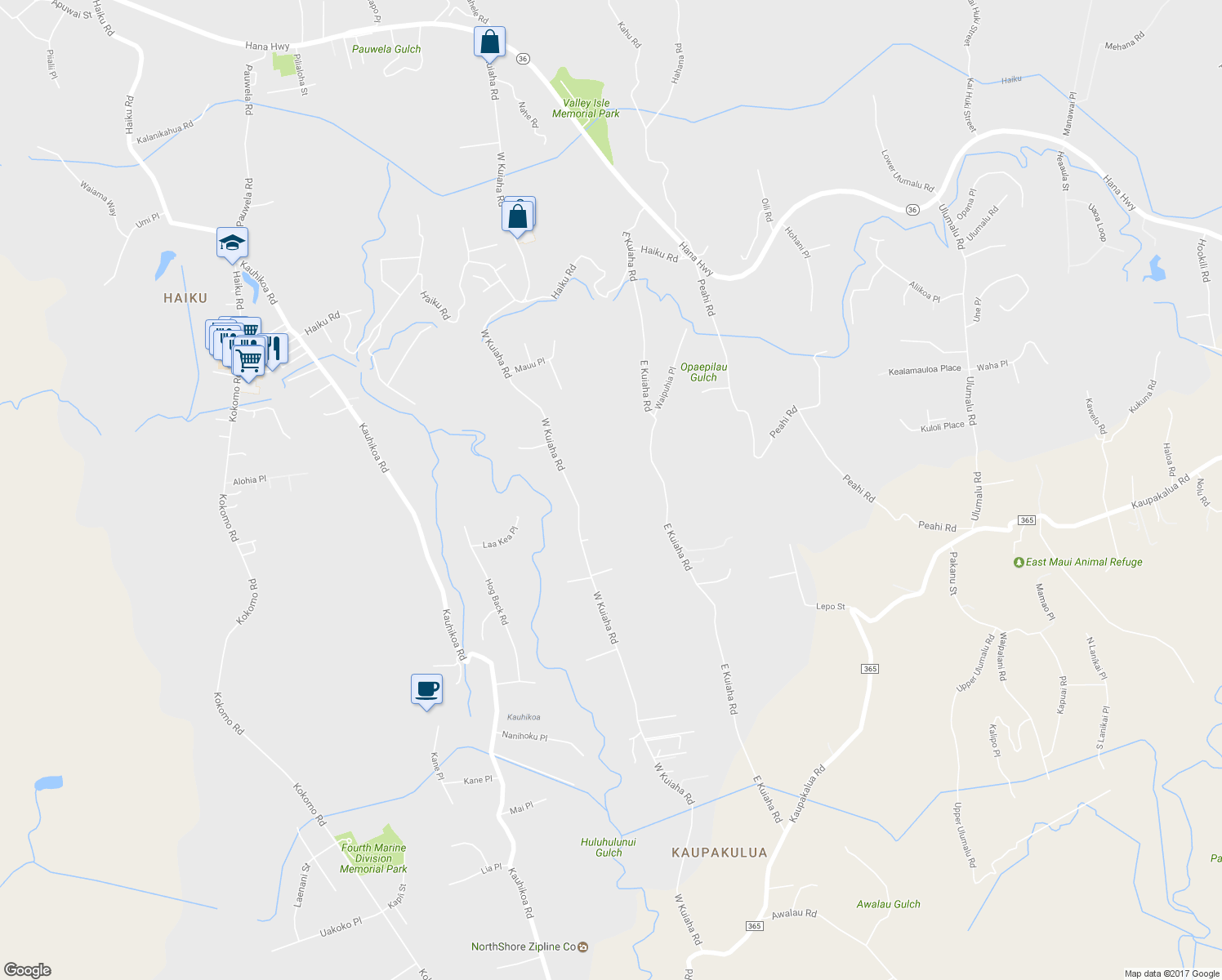 map of restaurants, bars, coffee shops, grocery stores, and more near 1089 West Kuiaha Road in Haiku-Pauwela