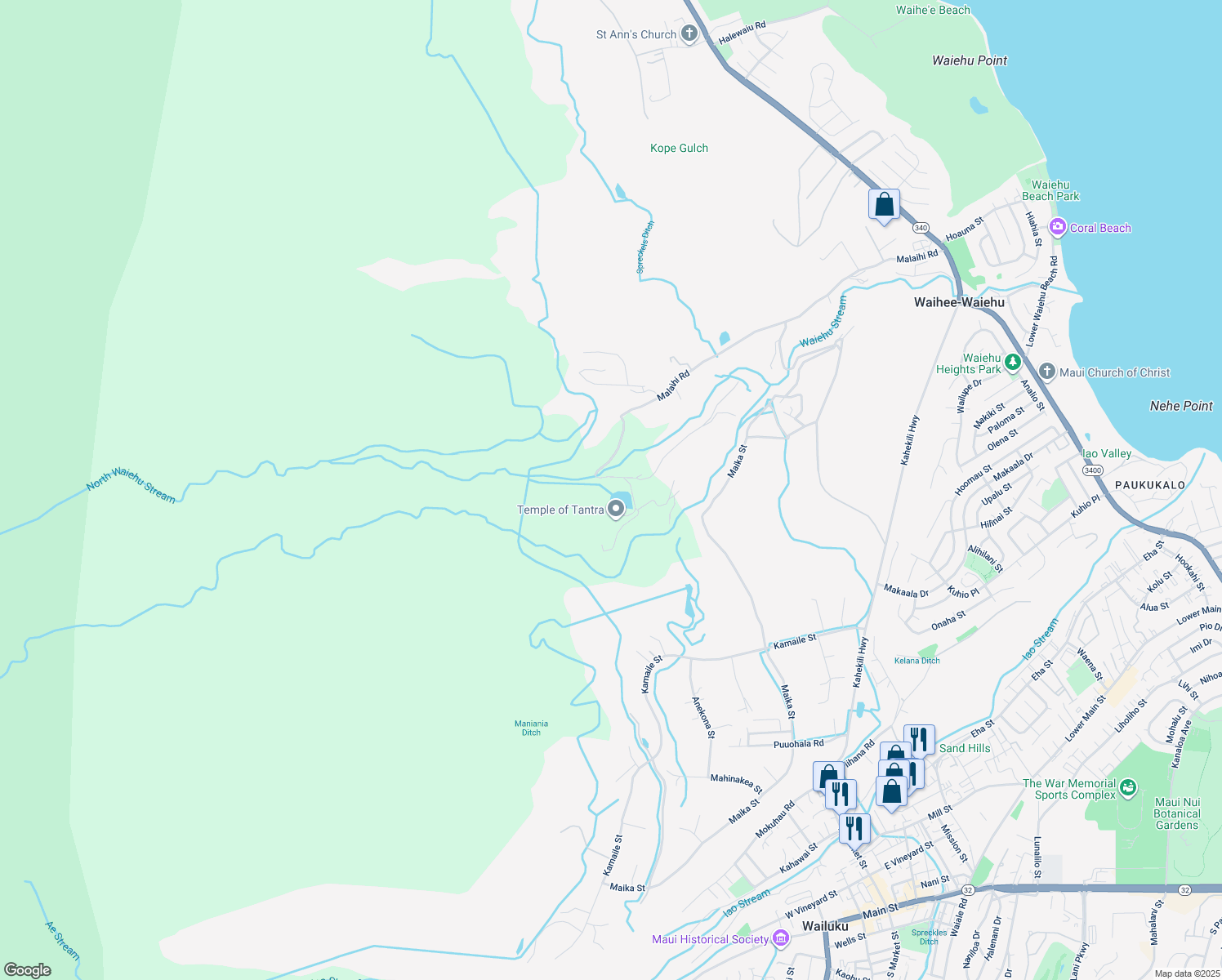 map of restaurants, bars, coffee shops, grocery stores, and more near Malaihi Road in Maui County