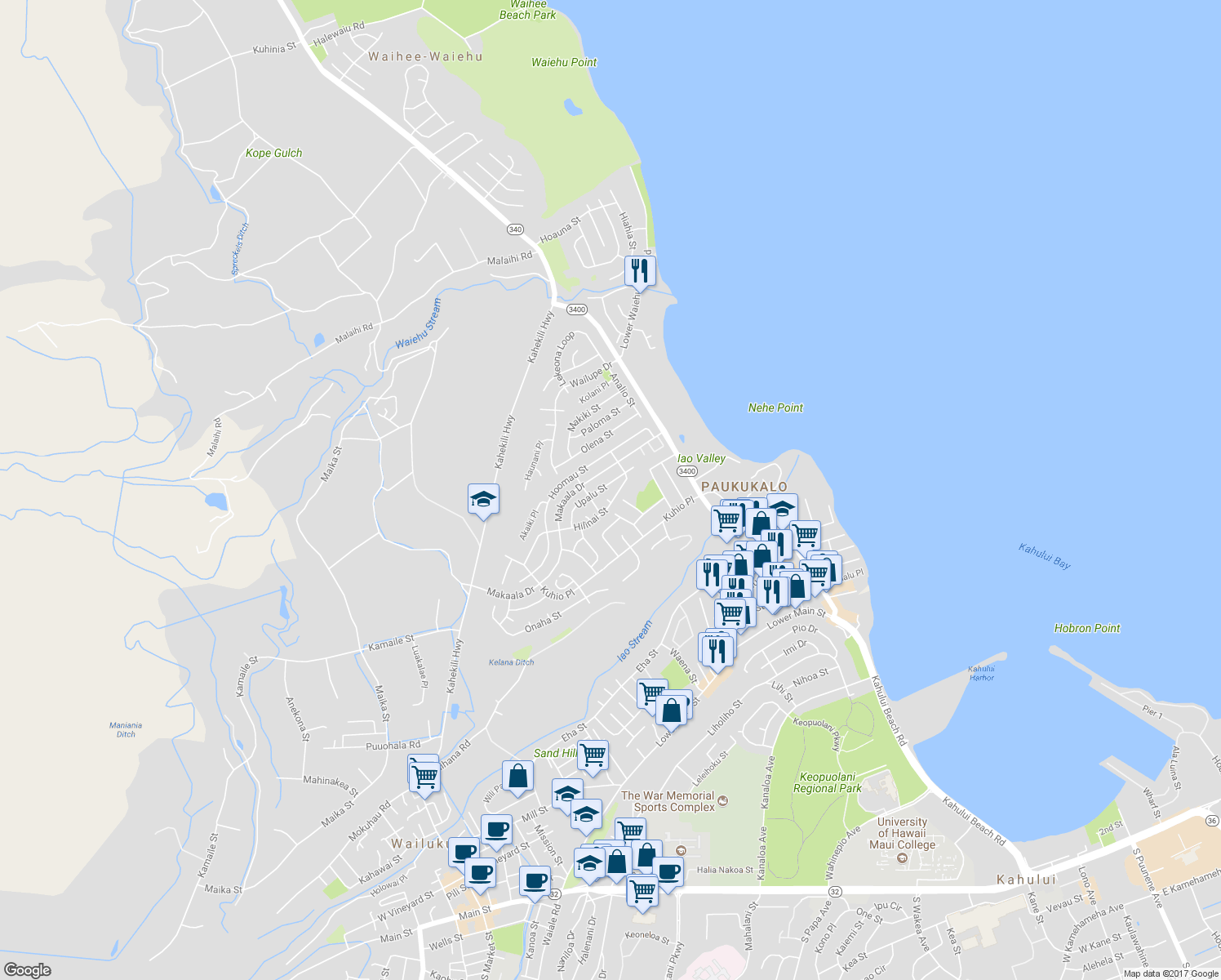 map of restaurants, bars, coffee shops, grocery stores, and more near 831 Upalu Street in Wailuku