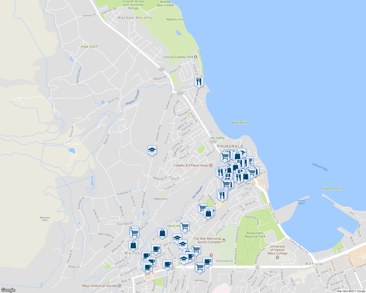 map of restaurants, bars, coffee shops, grocery stores, and more near 704 Kilihau Street in Wailuku